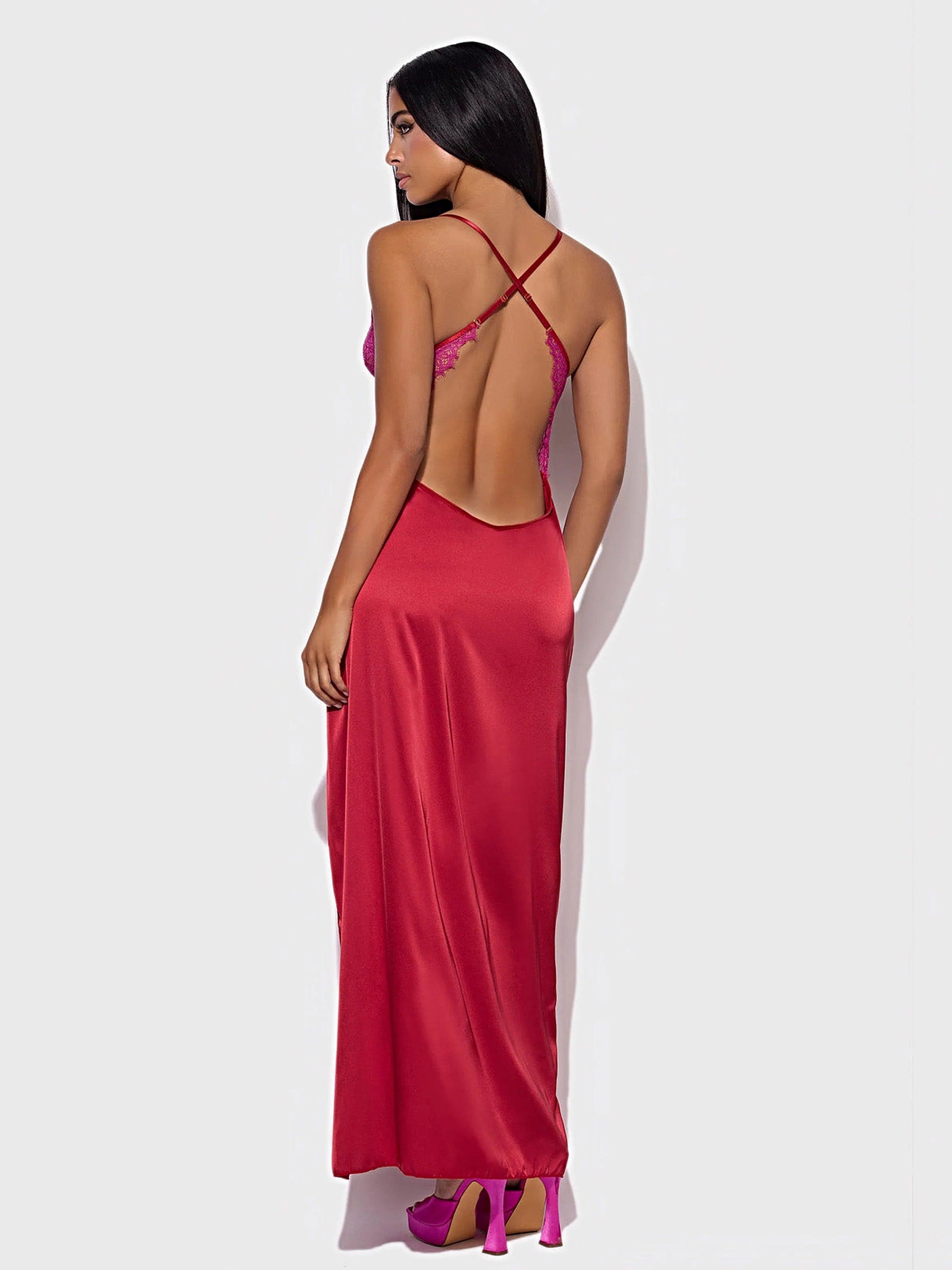 JOCELYN SATIN & LACE LONG HIGH SLIT GOWN -