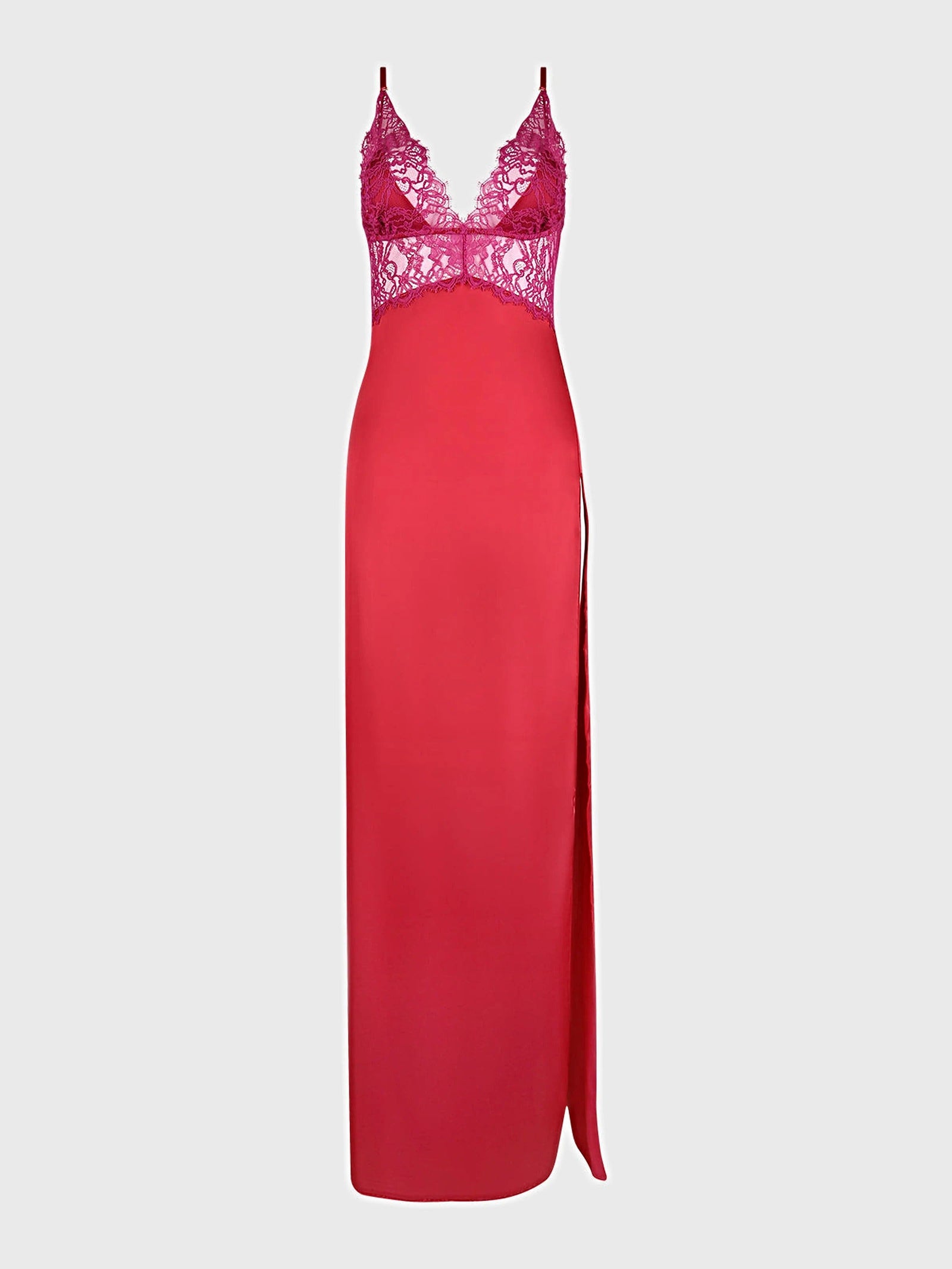 JOCELYN SATIN & LACE LONG HIGH SLIT GOWN -