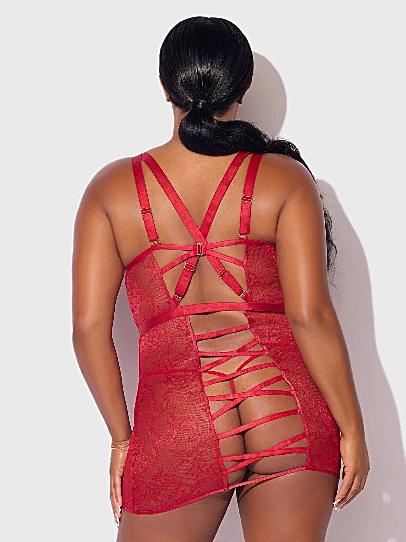 Kiki Lace Chemise Lingerie Set With Wireless Cups, Strappy Open Back & G-String -
