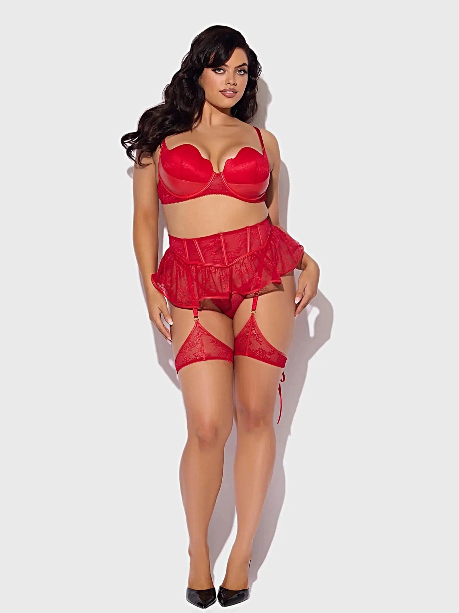KIKI LACE & FAUX LEATHER SKIRTED GARTER BELT -