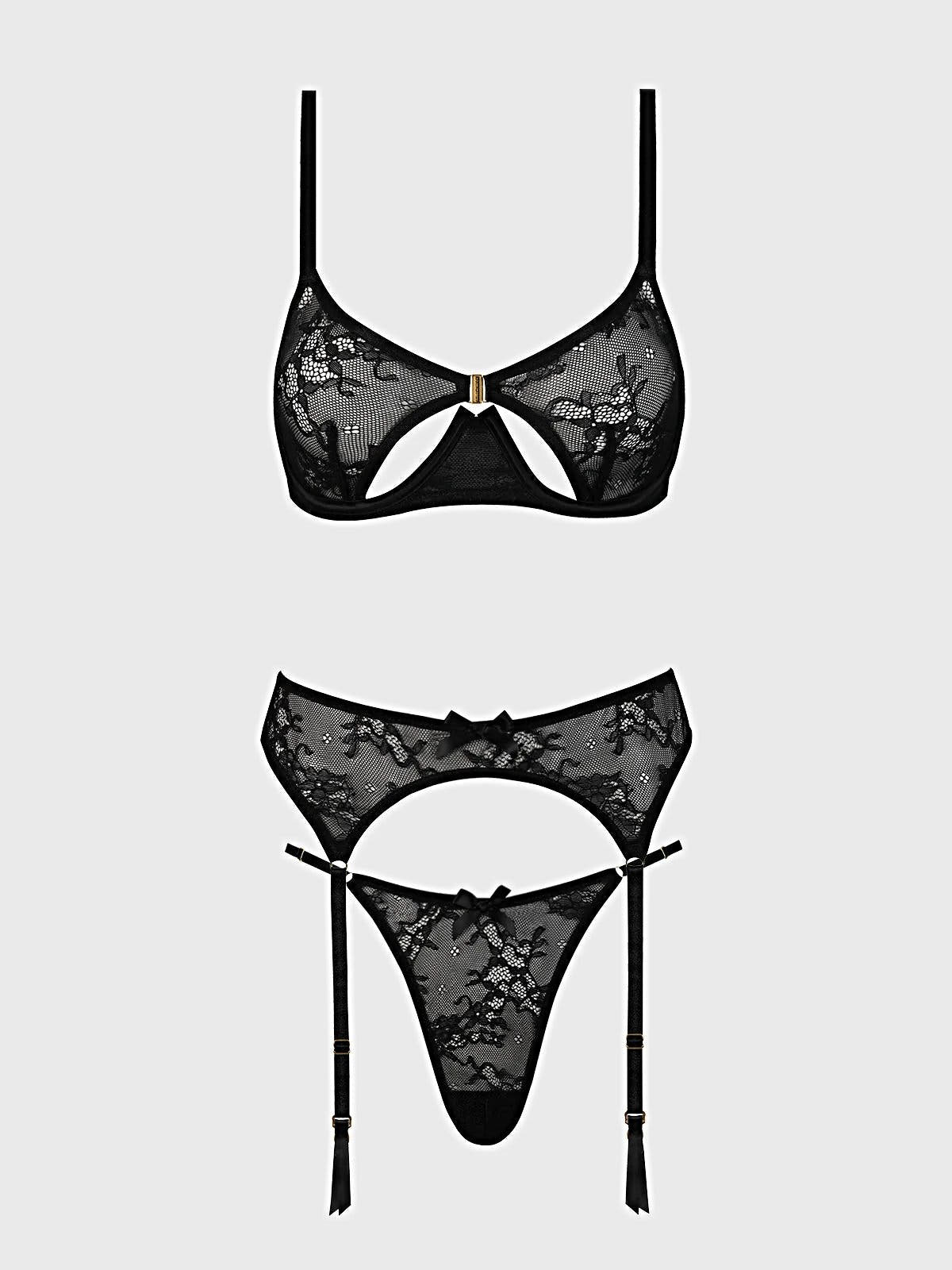 YVONE LACE OPEN CUP BRA, CROTCHLESS THONG & GARTER SET -