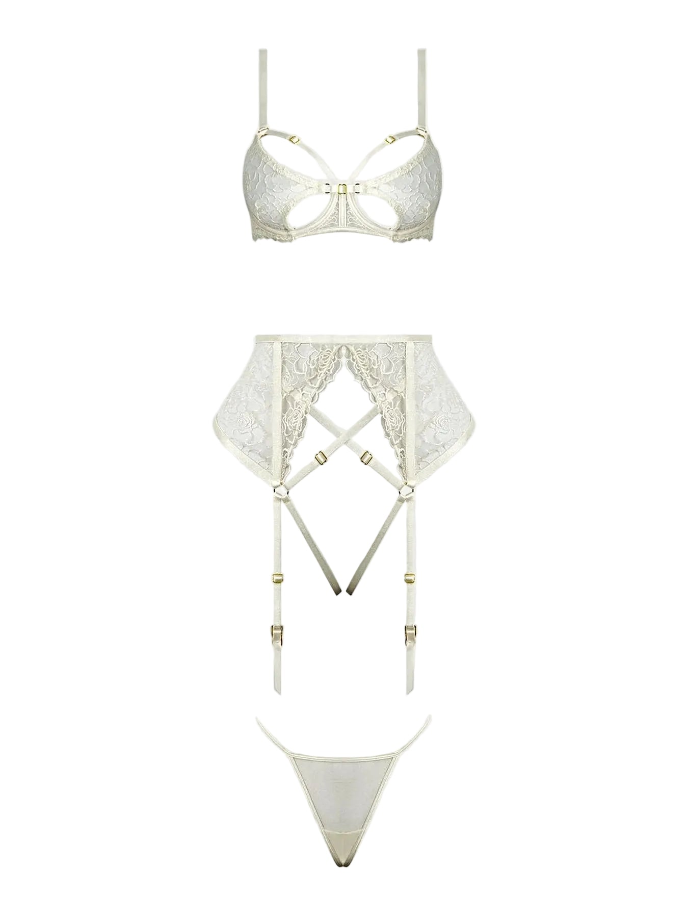 Rosalie Embroidered Lace Bra Garter Set With Open-Cup Bra, Satin G-String & Gold Hardware -