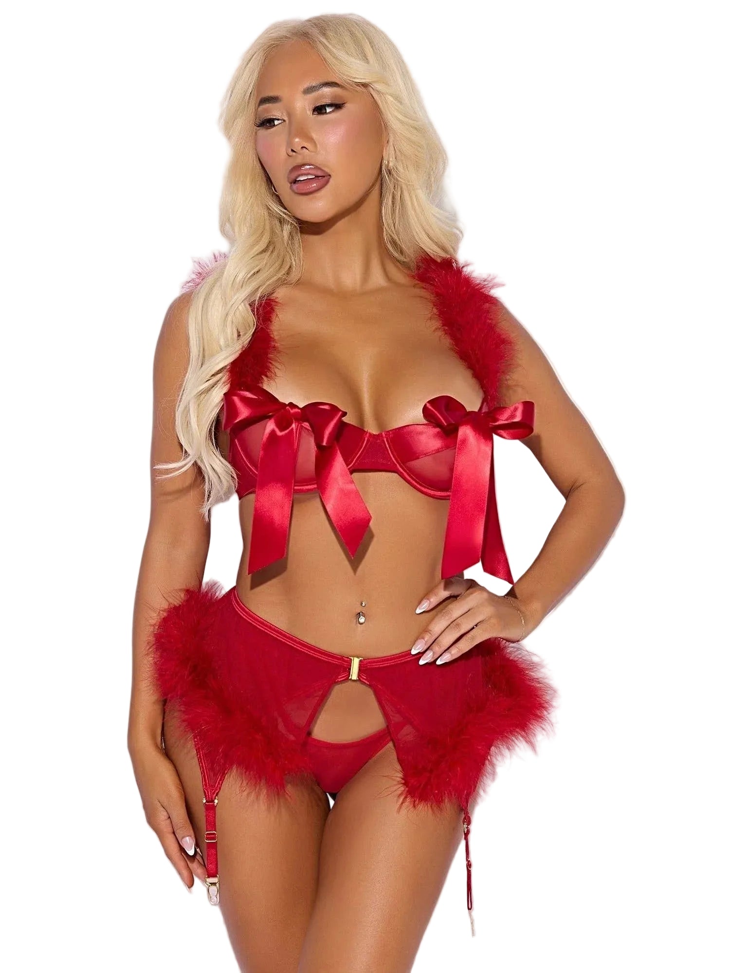 MARILYN MARABOU & MESH OPENABLE BRA, GARTER, & G-STRING SET -