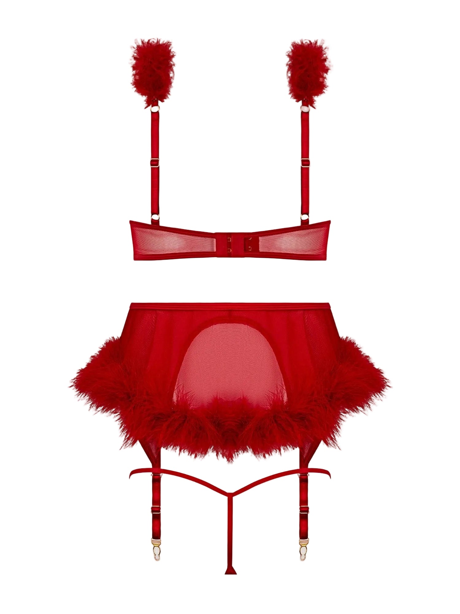 MARILYN MARABOU & MESH OPENABLE BRA, GARTER, & G-STRING SET -