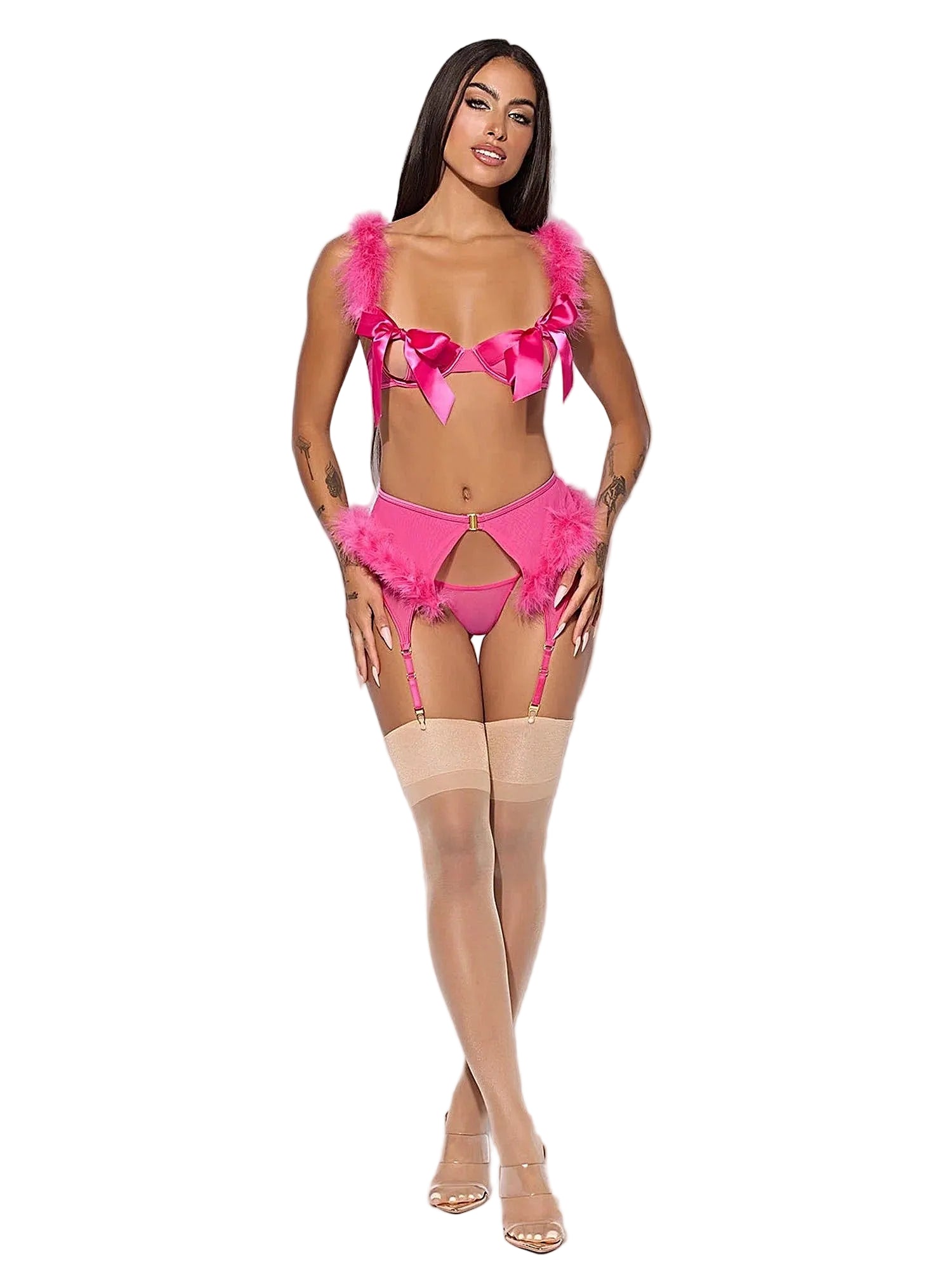 MARILYN MARABOU & MESH OPENABLE BRA, GARTER, & G-STRING SET -