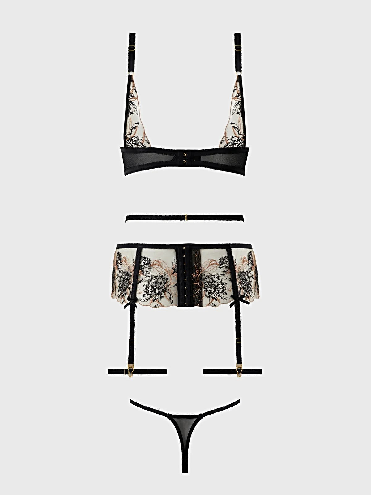 DELILAH EMBROIDERED PUSH UP BRA, GARTER & THONG SET -