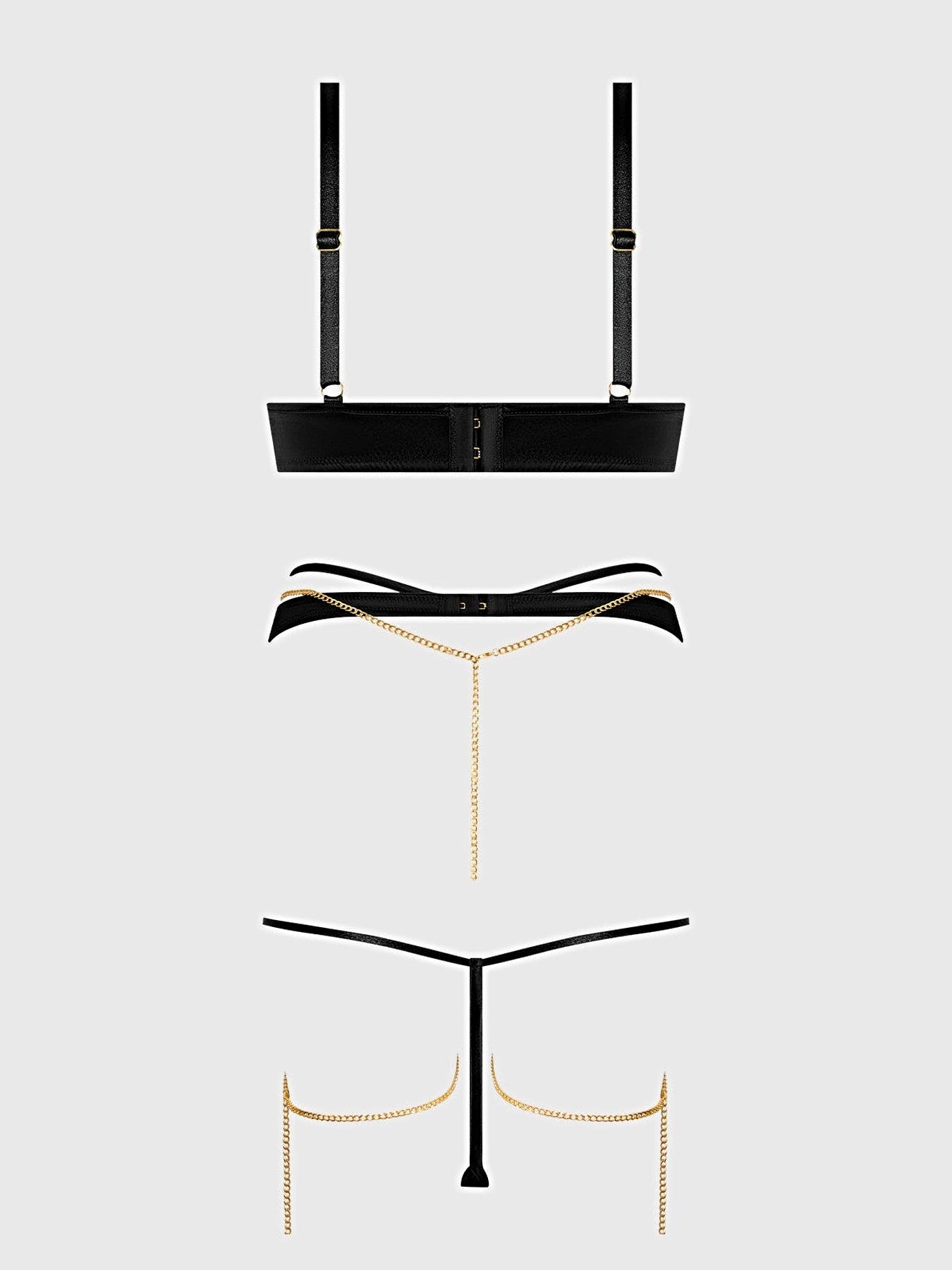 EVANGELINE SATIN & CHAIN BRA, THIGH GARTER & G-STRING SET -