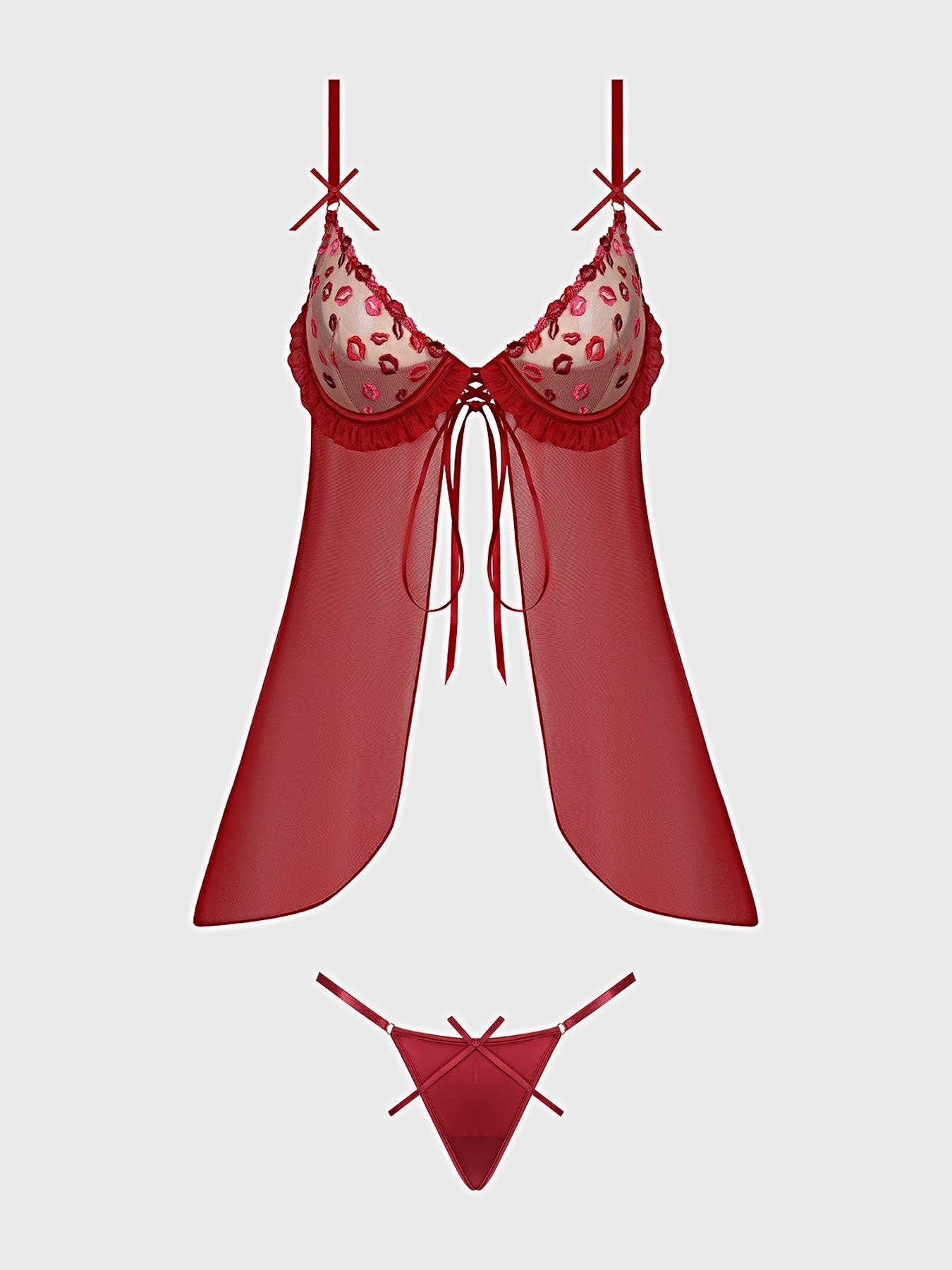ANGELINA LIPS EMBROIDERY BABYDOLL & BOW G-STRING SET -