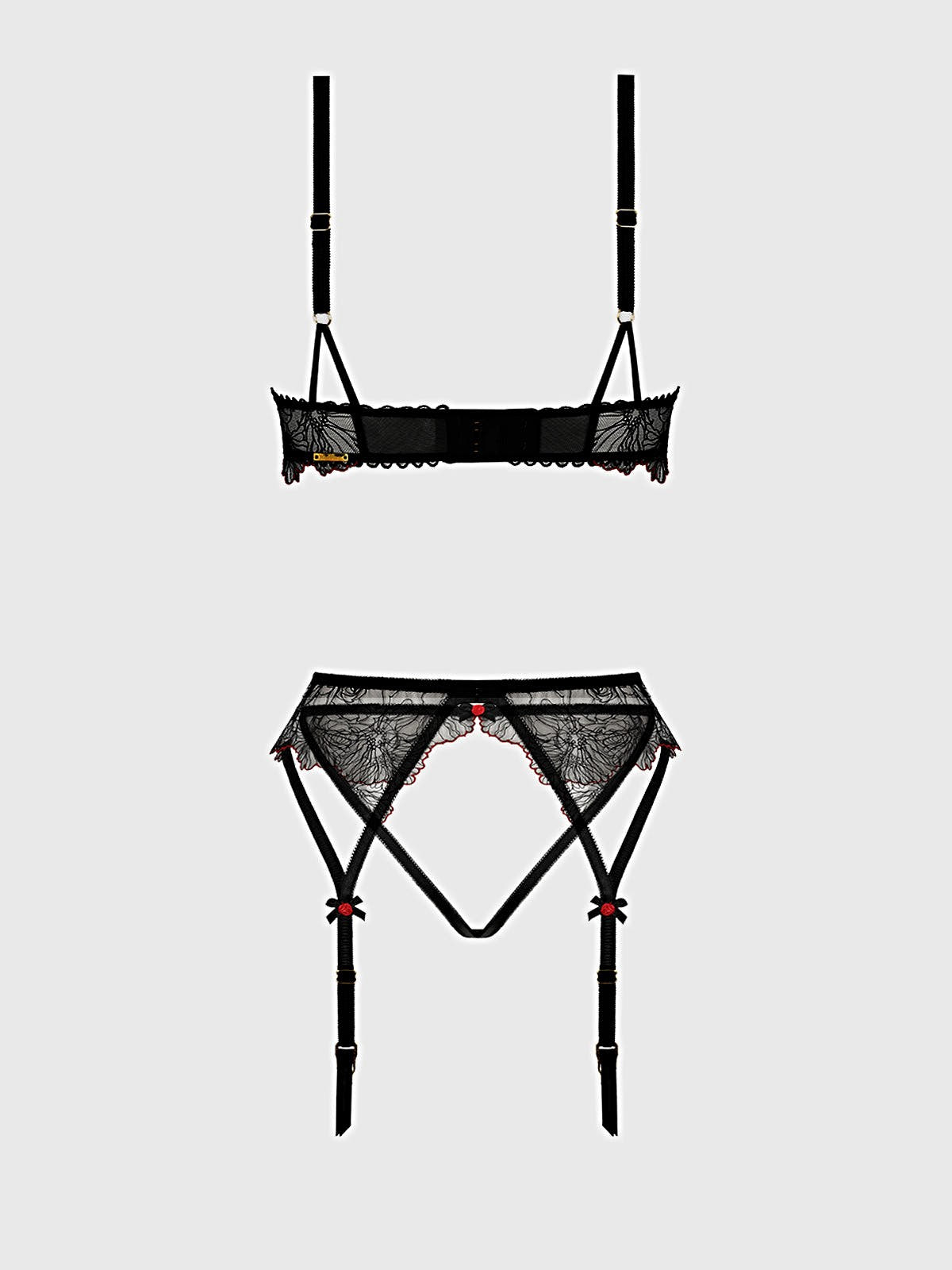 ILENA EMBROIDERED TULLE BRA, GARTER & CROTCHLESS BIKINI -