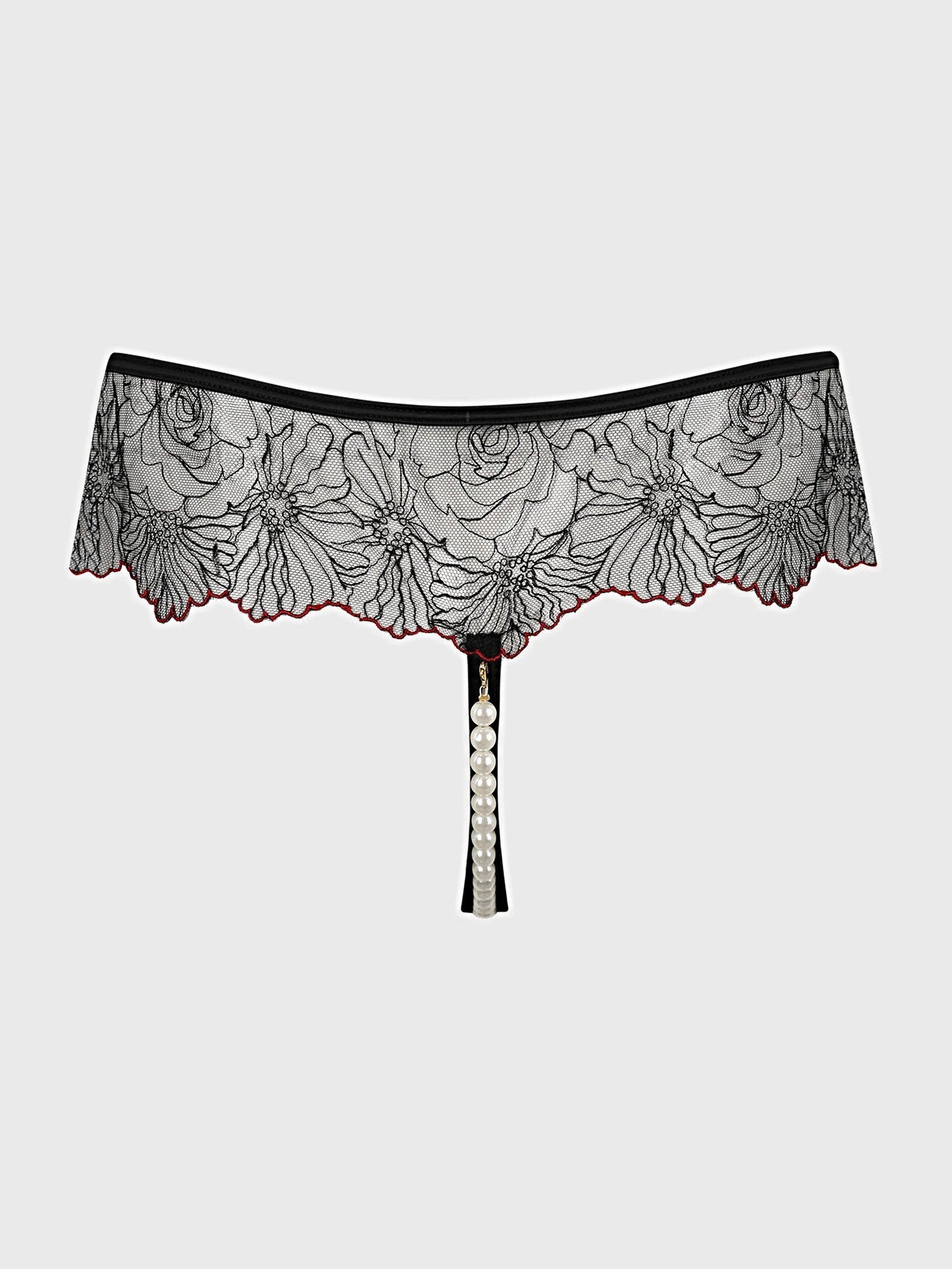 ILENA EMBROIDERED TULLE & PEARL CROTCHLESS THONG -