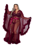 Stunning Sheer Maxi Length Robe of Marabou & Soft Tulle will make you feel like a princess-lingerie-Roma-Merlot-Queen-SatinBoutique
