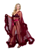 Stunning Sheer Maxi Length Robe of Marabou & Soft Tulle will make you feel like a princess-lingerie-Roma-Merlot-O/S-SatinBoutique