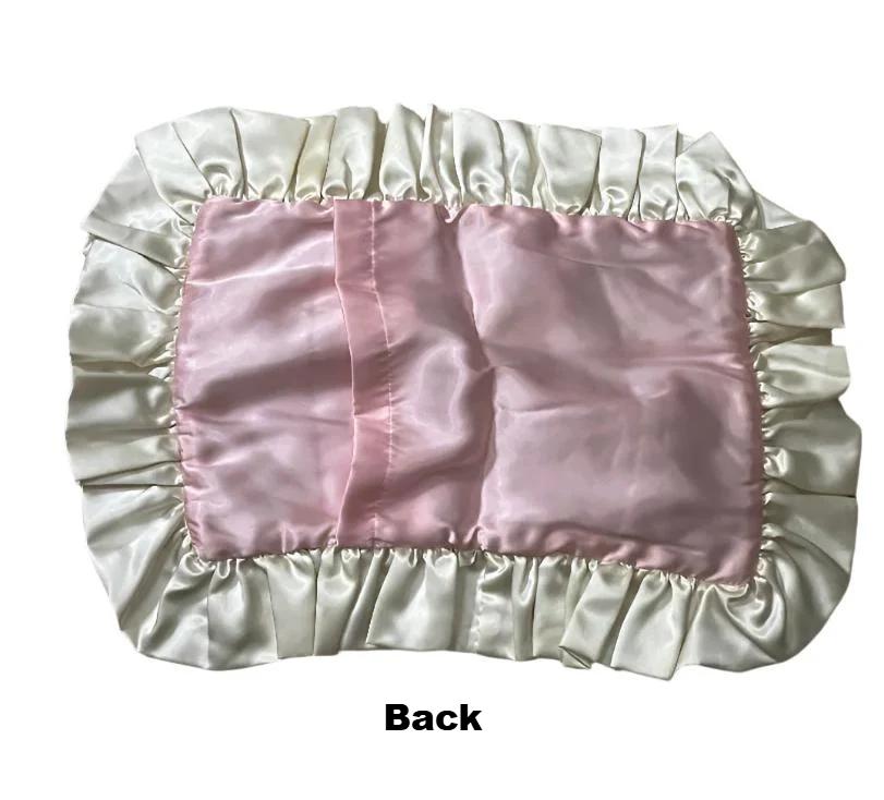 Lingerie Satin Pillow Sham in Dainty Pink and White with 2.5-Inch Ruffle - Elegant Home Decor displaying the backside design, emphasizing its chic and practical envelope opening.