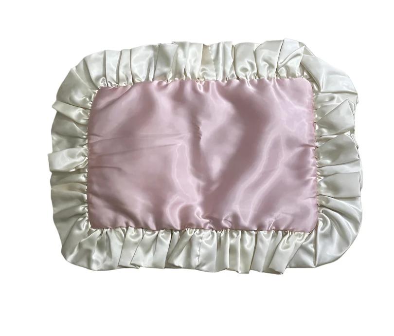 Lingerie Satin Pillow Sham in Dainty Pink and White with 2.5-Inch Ruffle - Elegant Home Decor showcasing the luxurious front view highlighting the delicate ruffle detail.