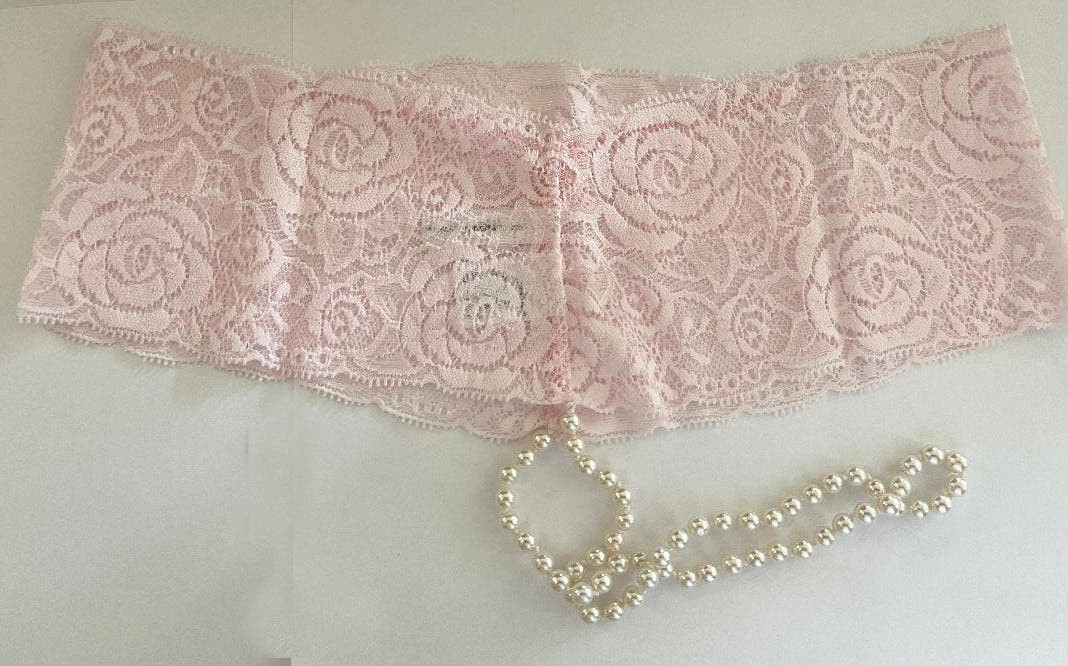 Luxe Lace and Pearl Panties - Bottomless Design with Satin Bow, One Size, in Purple, Pink, Red SatinBoutique