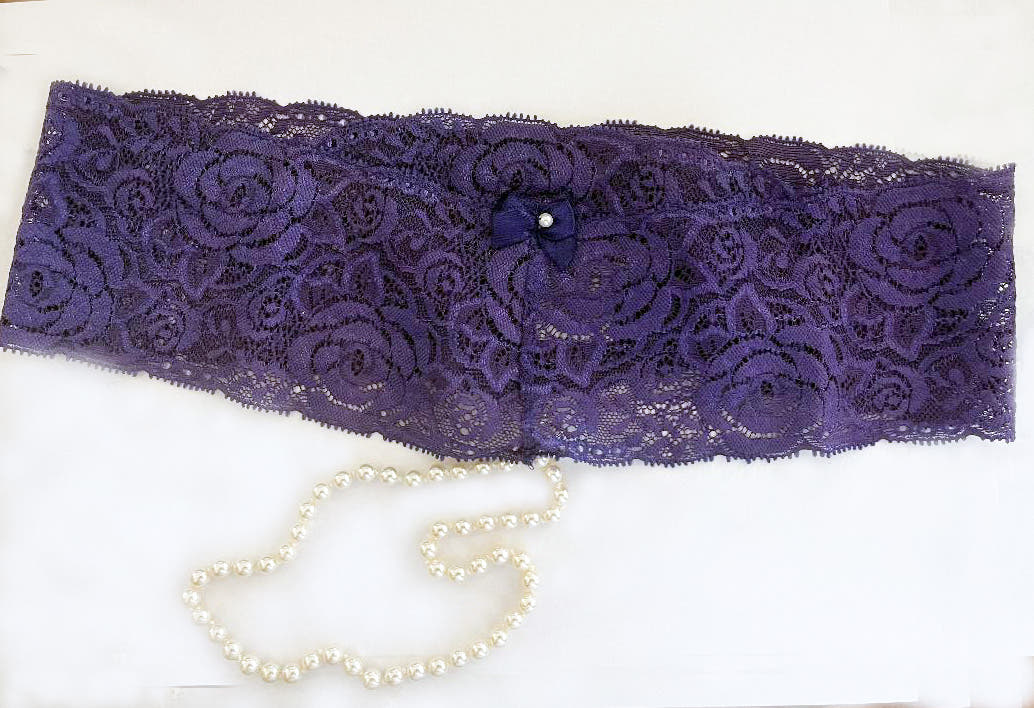 Luxe Lace and Pearl Panties - Bottomless Design with Satin Bow, One Size, in Purple, Pink, Red SatinBoutique