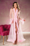 Shirley of Hollywood RS1210 Breathtaking Sheer Nylon Long Robe lavishly trimmed w/Marabou Feathers & ribbon tie front-Long robe-Shirley of Hollywood-Pink-OS-SatinBoutique