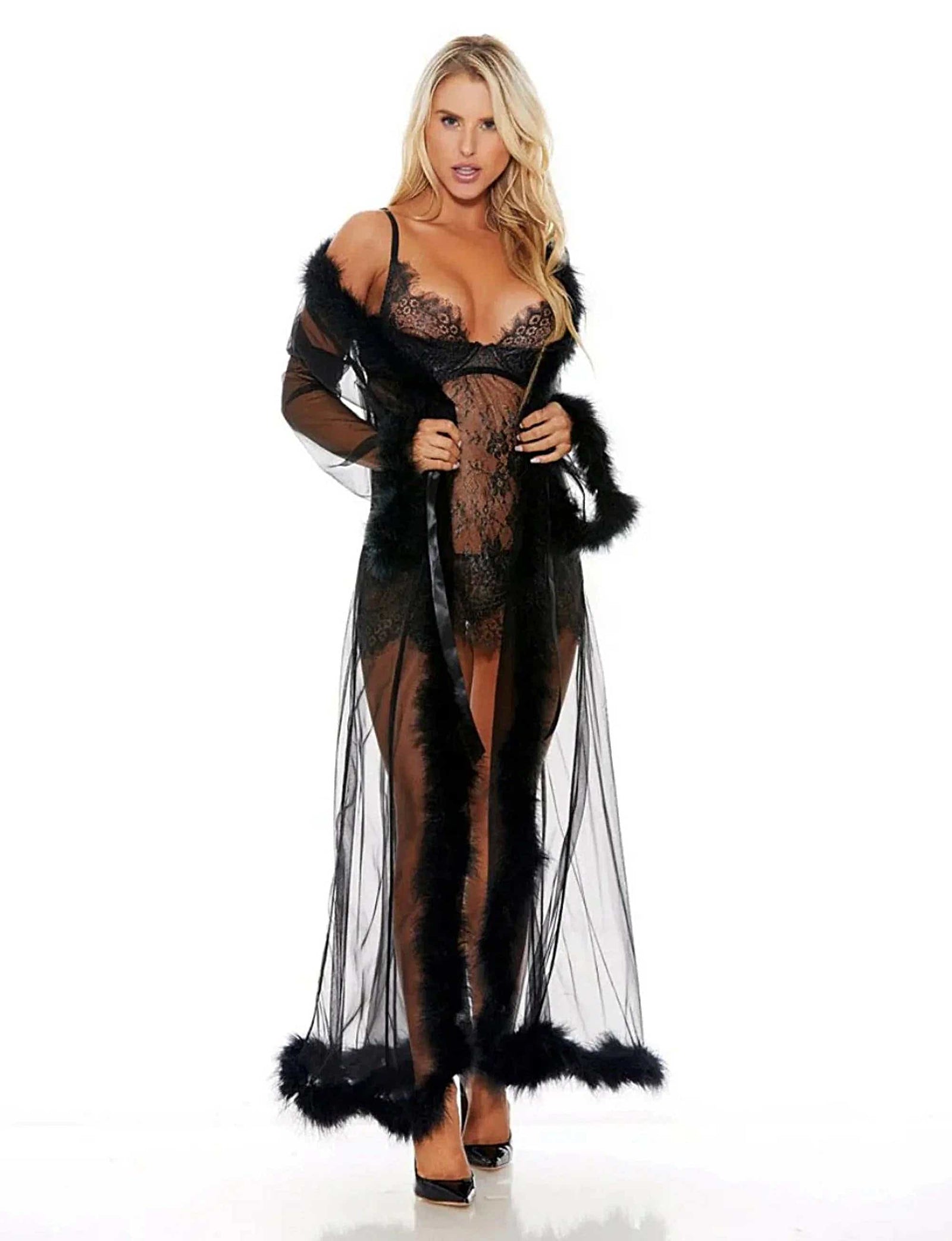 Shirley of Hollywood RS1210 Breathtaking Sheer Nylon Long Robe lavishly trimmed w/Marabou Feathers & ribbon tie front - Long robe