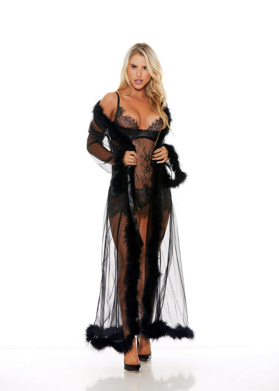 Shirley of Hollywood RS1210 Breathtaking Sheer Nylon Long Robe lavishly trimmed w/Marabou Feathers & ribbon tie front-Long robe-Shirley of Hollywood-White-OS-SatinBoutique