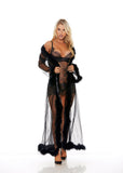 Shirley of Hollywood RS1210 Breathtaking Sheer Nylon Long Robe lavishly trimmed w/Marabou Feathers & ribbon tie front-Long robe-Shirley of Hollywood-Black-OS-SatinBoutique