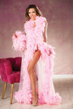 Shirley of Hollywood RS1212 Breathtaking Sheer Nylon Long Robe lavishly trimmed w/Chandelle Feathers-Long robe-Shirley of Hollywood-Pink-OS-SatinBoutique