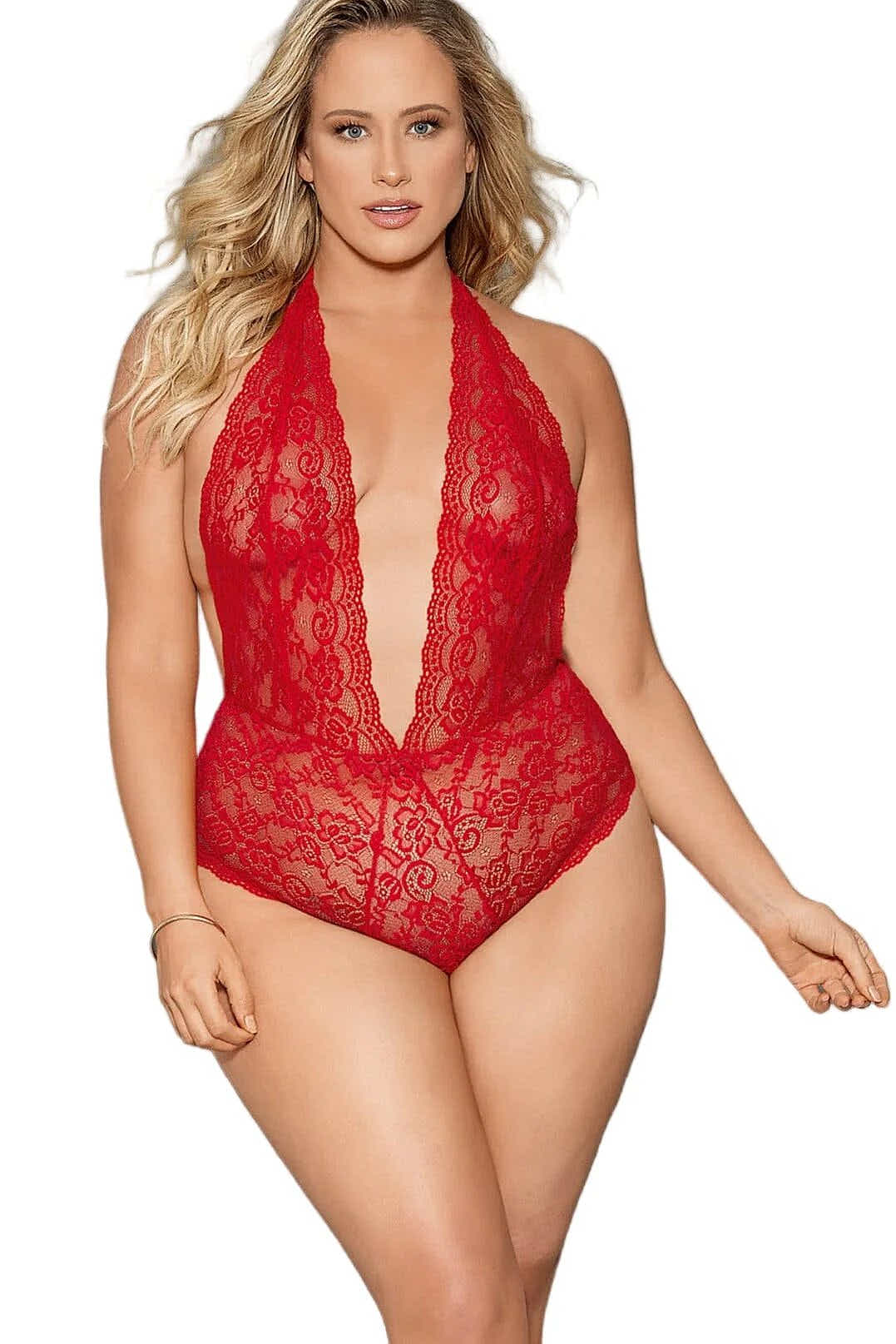 Euphoria Red Open Crotch Teddy by Escante - All Over Lace Halter Design, Queen Size Escante