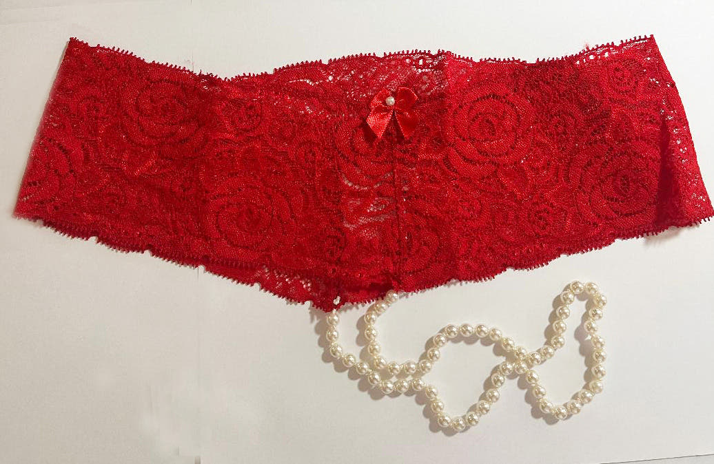 Luxe Lace and Pearl Panties - Bottomless Design with Satin Bow, One Size, in Purple, Pink, Red SatinBoutique