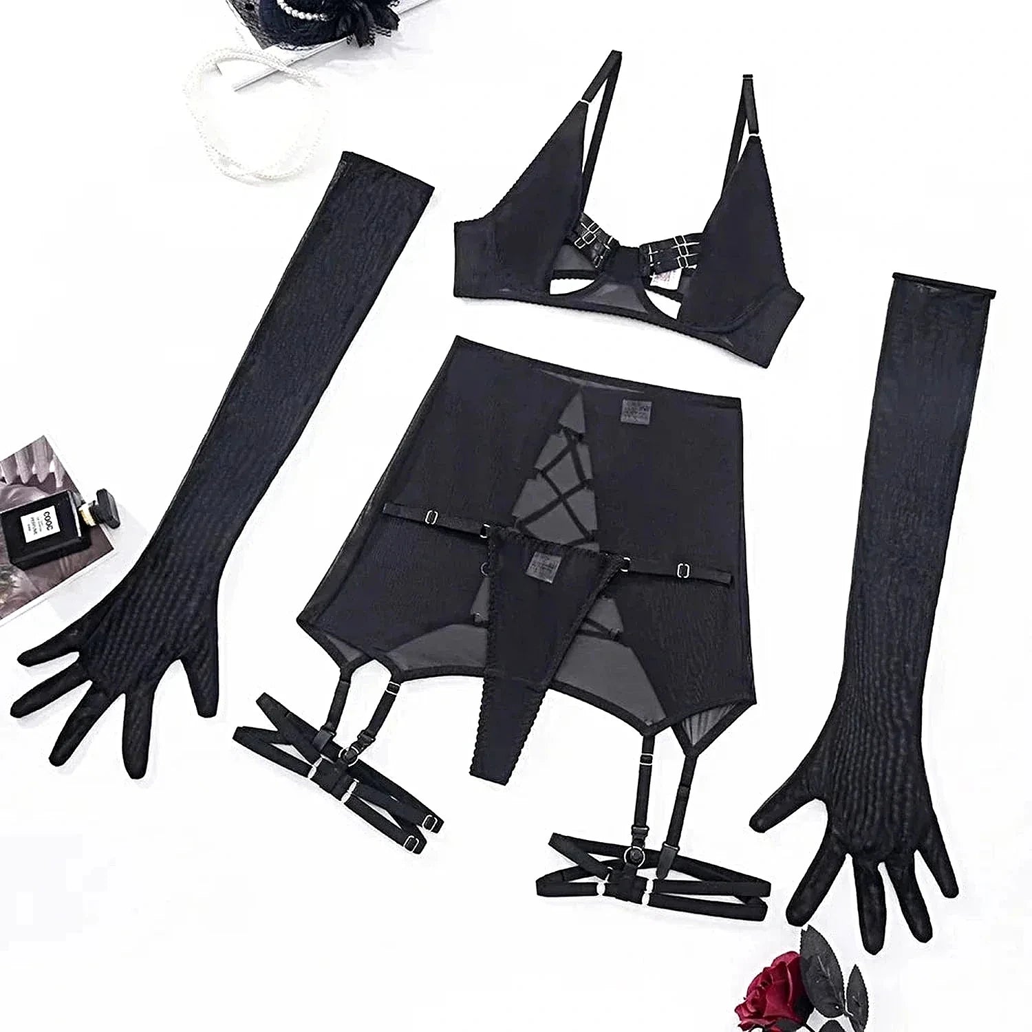 MUZISKAT Summer Sizzler new women's sexy strappy see-through mesh lingerie four-piece set -
