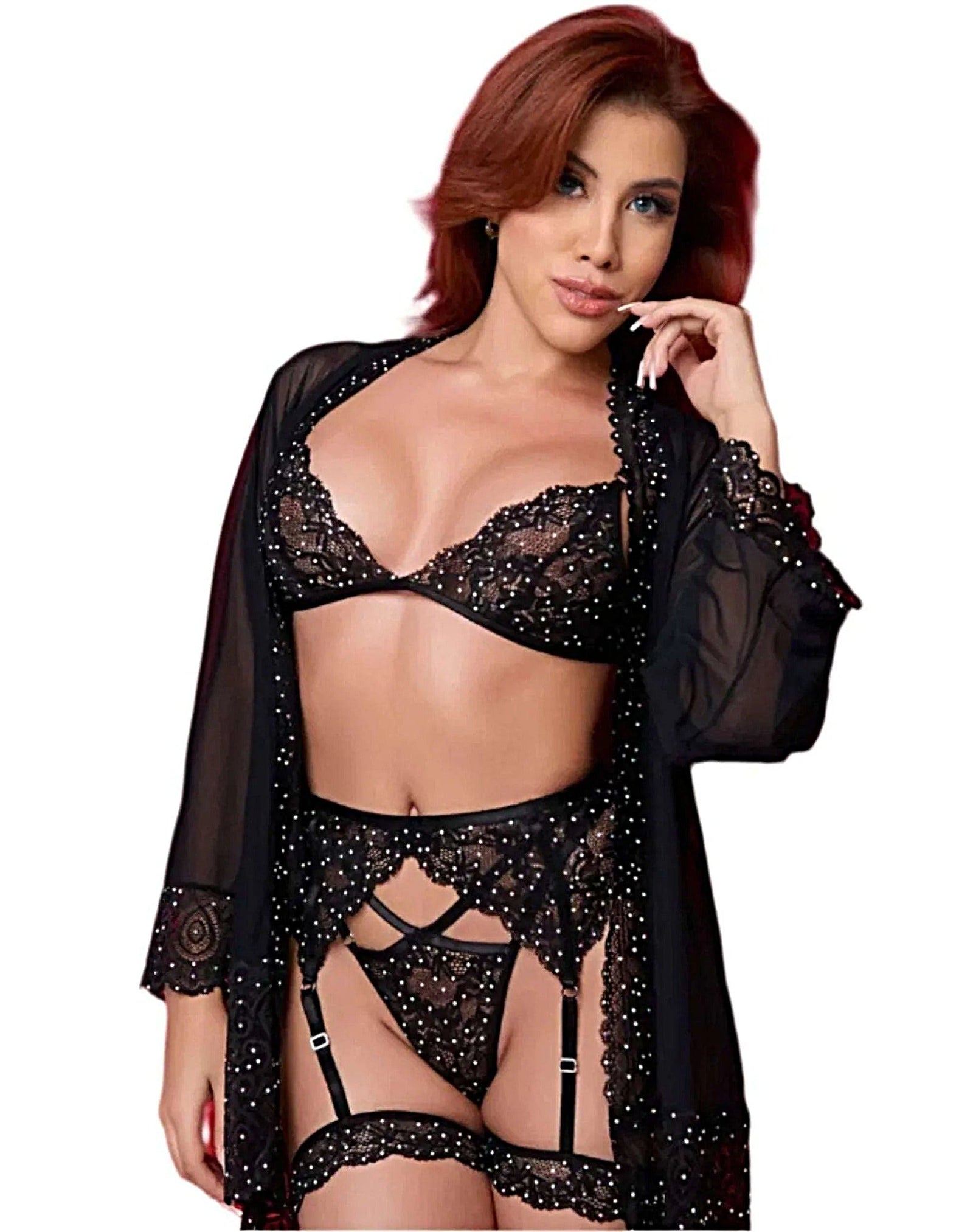 Handcrafted Lace Underwear Set: Crystal Bombshell Teddy with Strappy Thong and Garter Belt - 3 PC bra Set