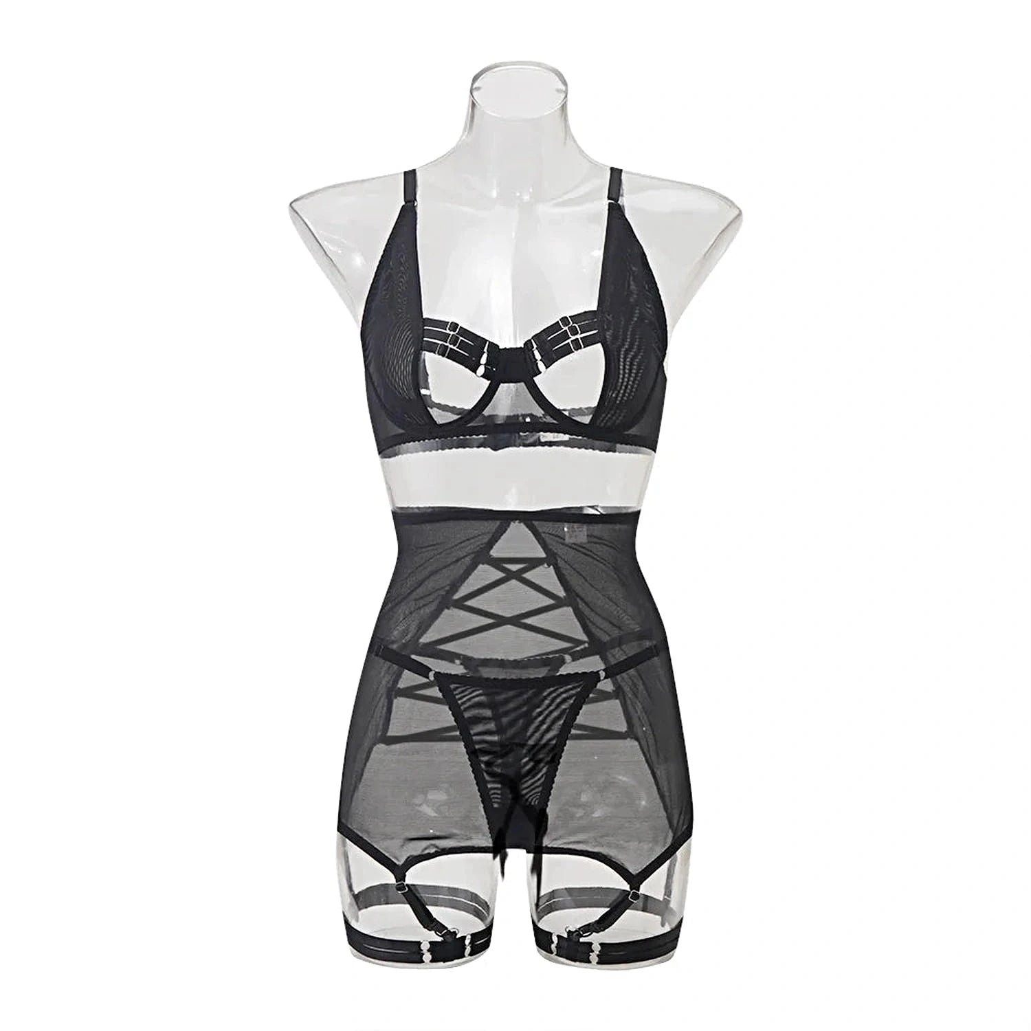 MUZISKAT Summer Sizzler new women's sexy strappy see-through mesh lingerie four-piece set -