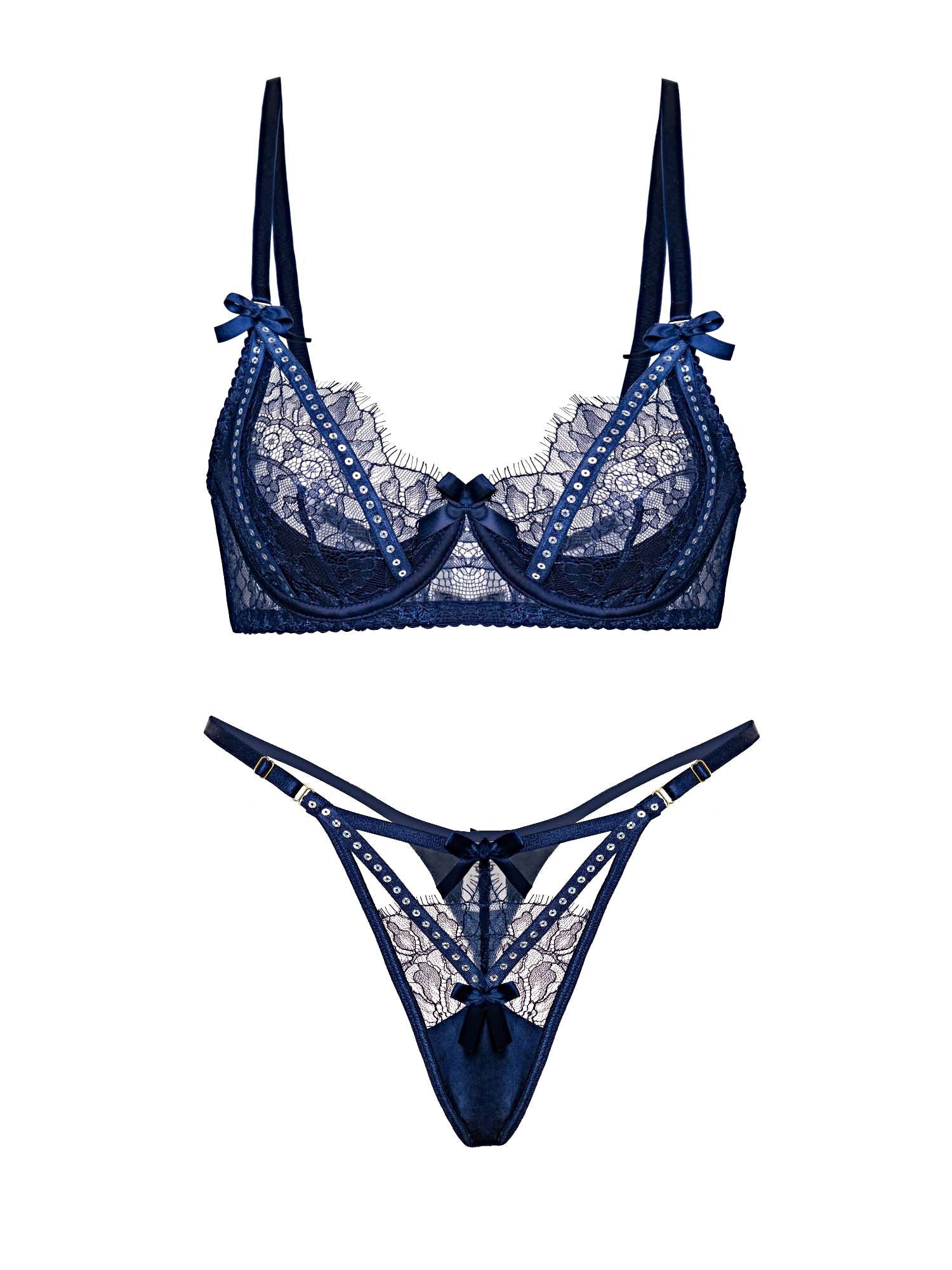 Midnight Sapphire Sparkle Lace Lingerie Set - 2 pcs set