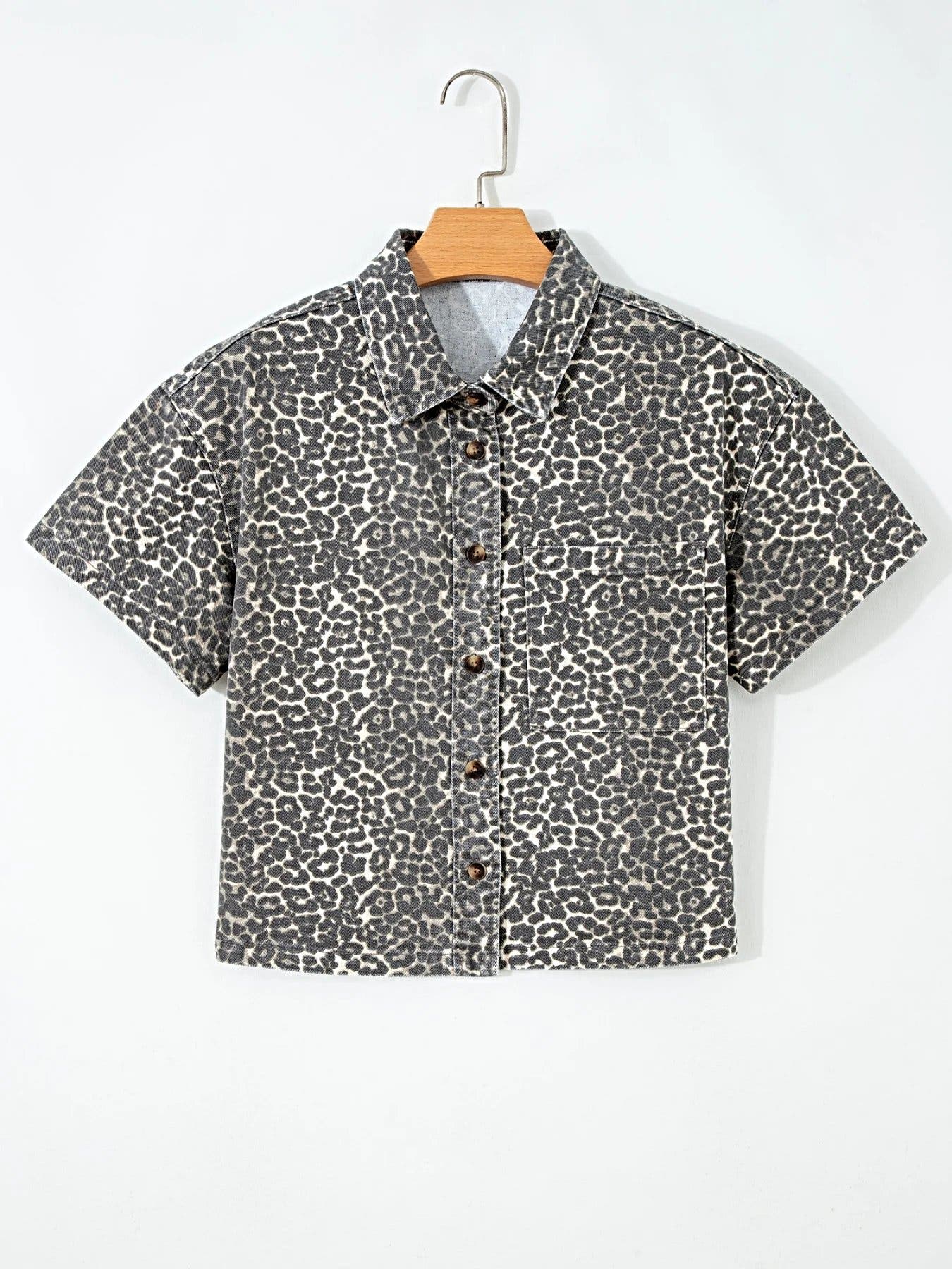 Leopard Print Short Sleeve Denim Shirt -