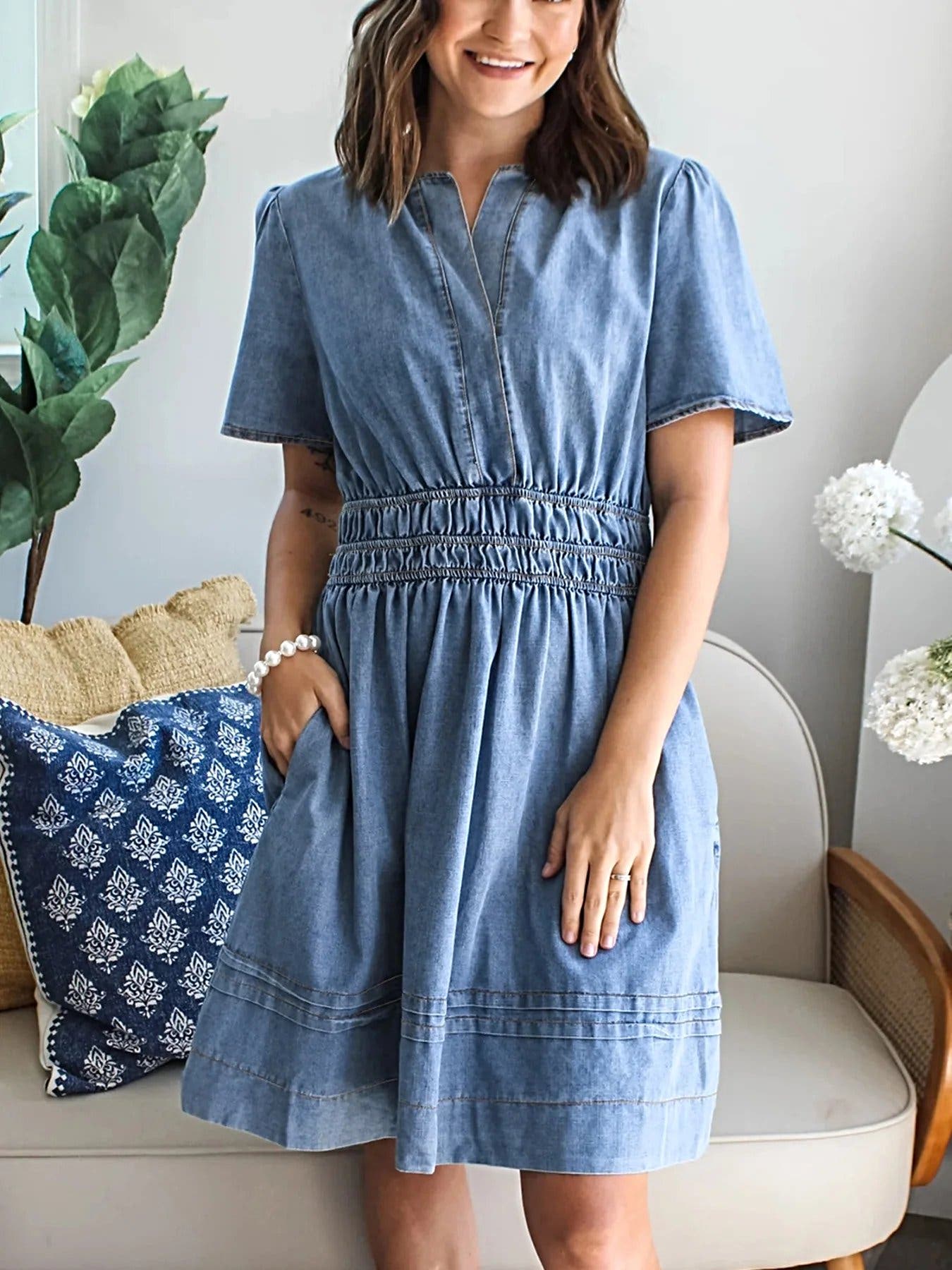 Notched Short Sleeve Denim Dress -