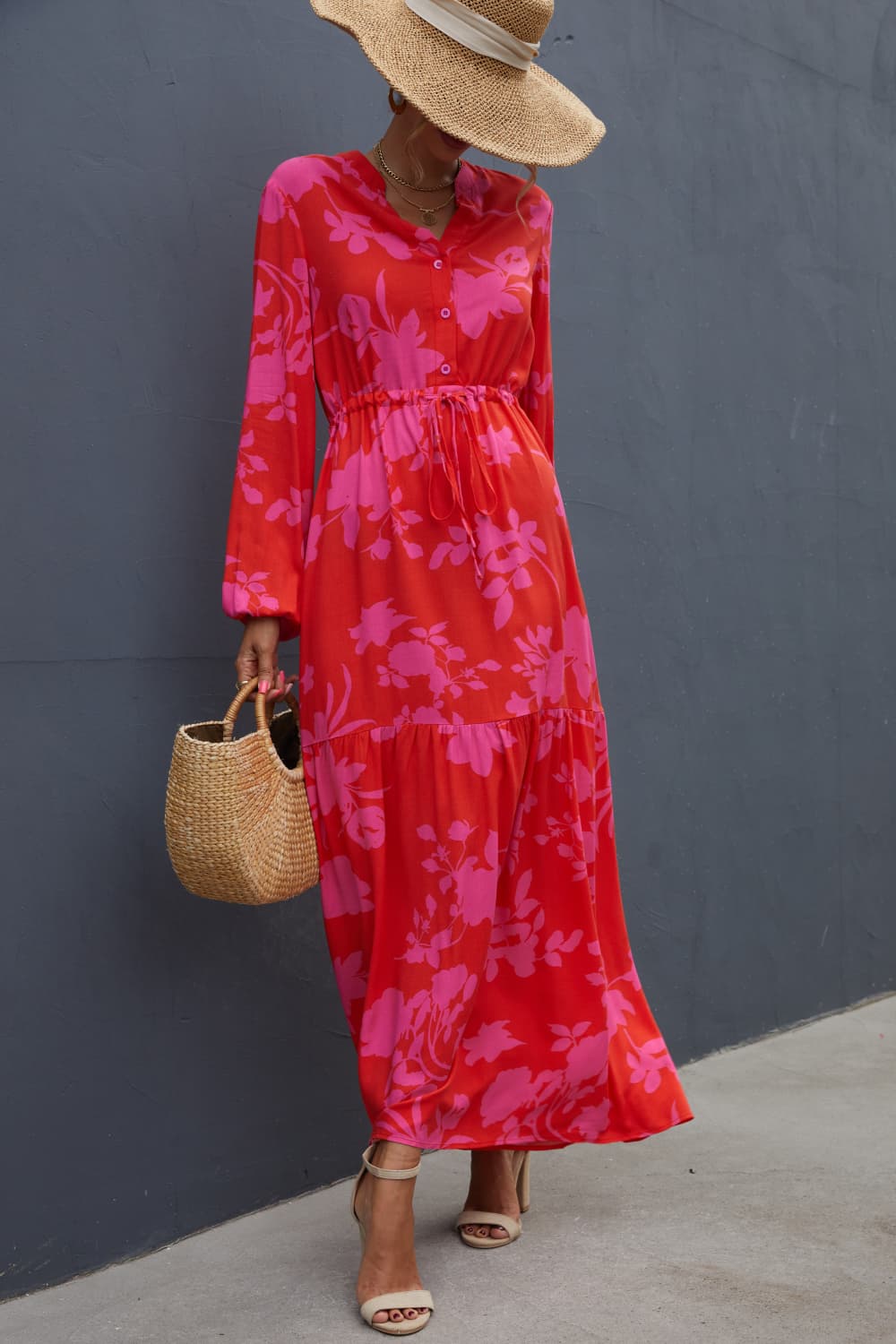 Floral Drawstring Waist Long Sleeve Dress -