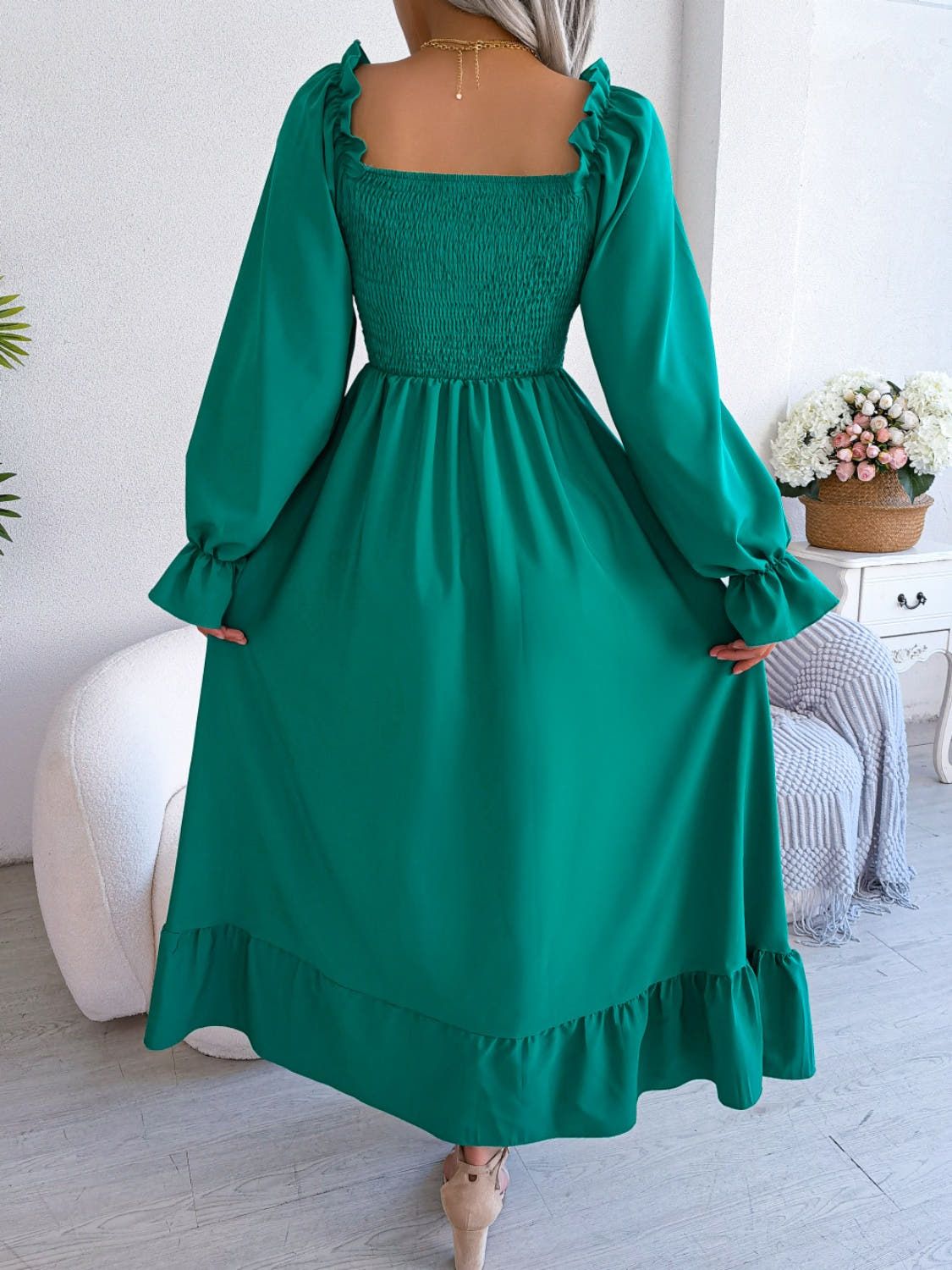 Smocked Square Neck Flounce Sleeve Dress -
