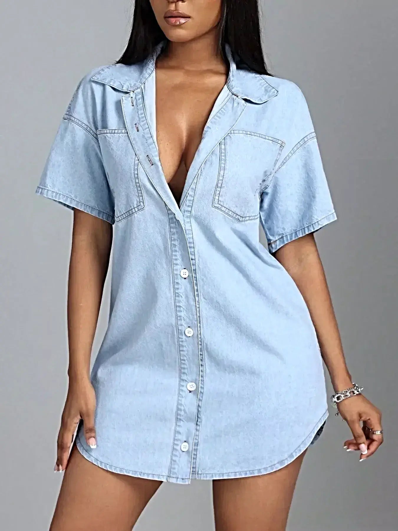 Button-Down Short Sleeve Denim Dress -