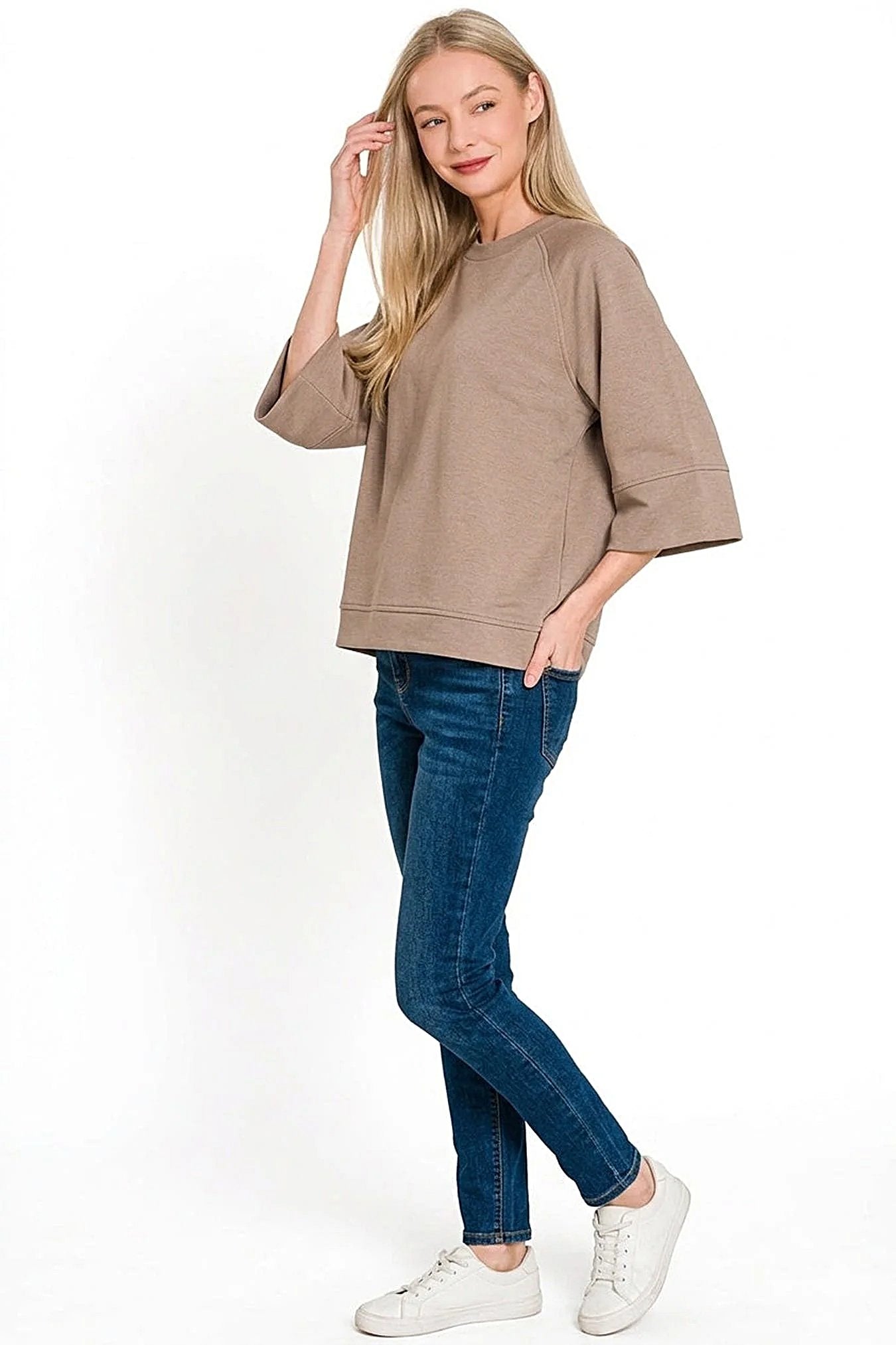 Zenana Scuba 3/4 Sleeve Pullover -