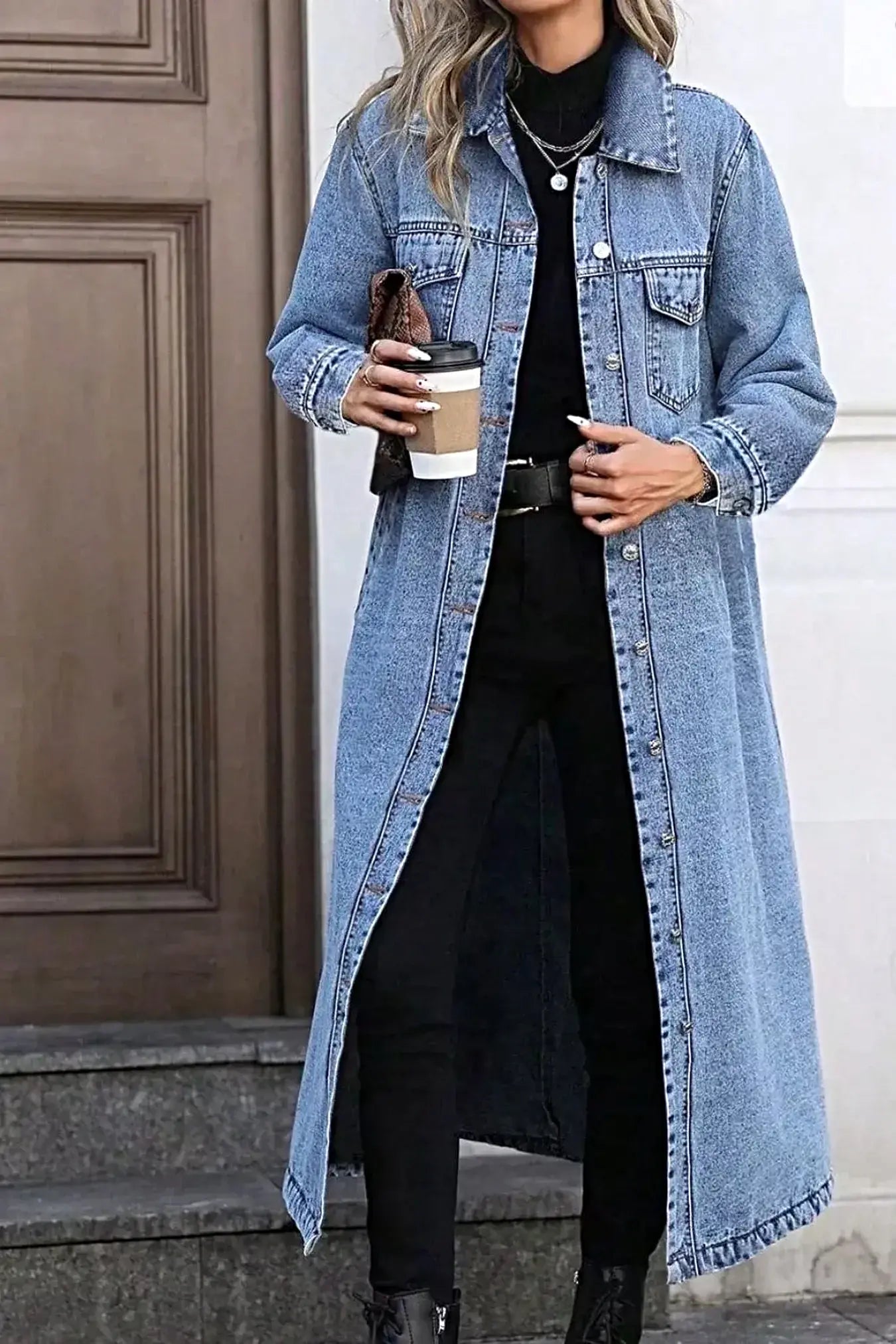 Longline Button-Down Denim Jacket -