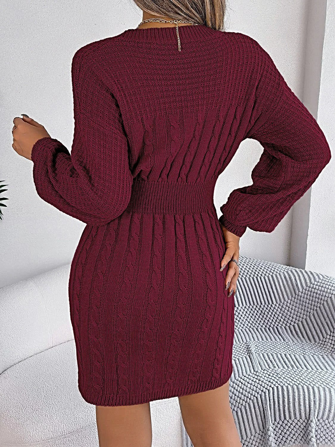 Luxurious Cable Knit Sweater Dress With Cutout Design, Round Neck & Slit Detail Trendsi