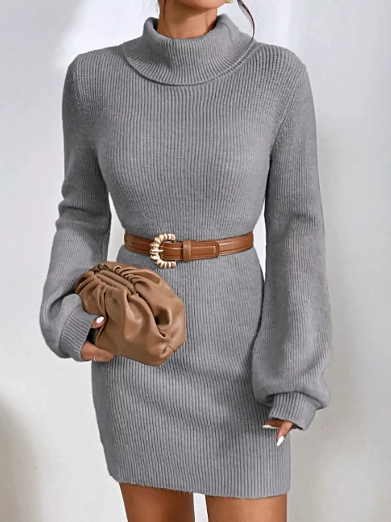 Women's Ribbed Turtleneck Sweater Dress - Stretch Knit For Elegant Cold-Weather Style -