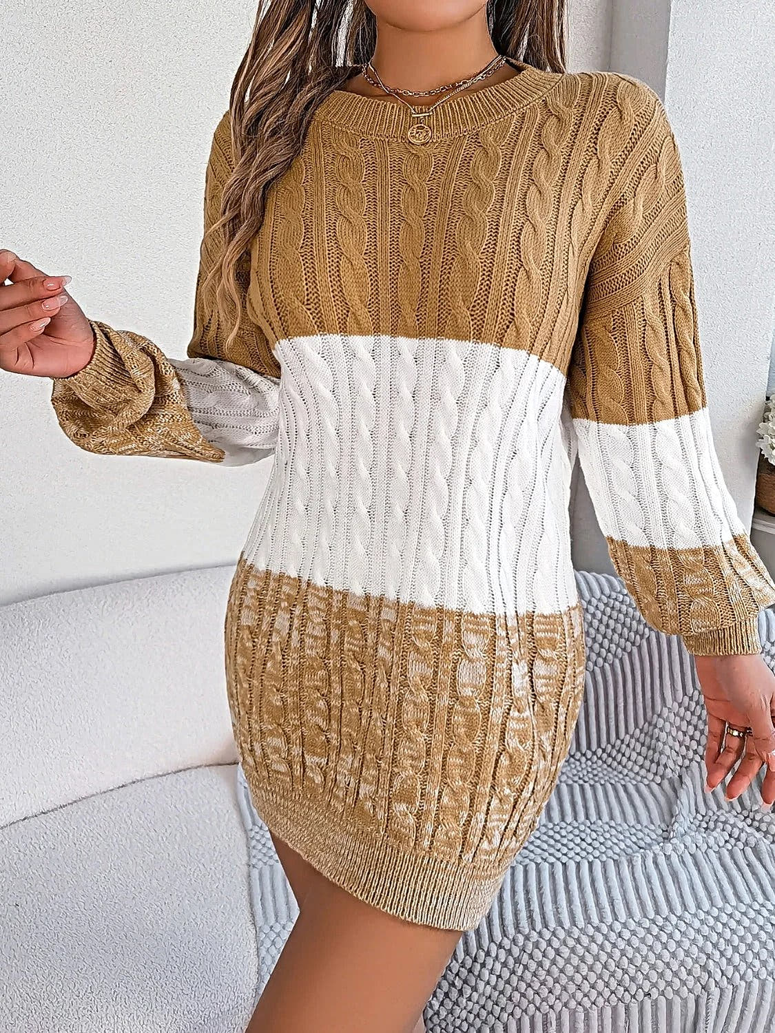Cable-Knit Round Neck Color Block Sweater Dress -