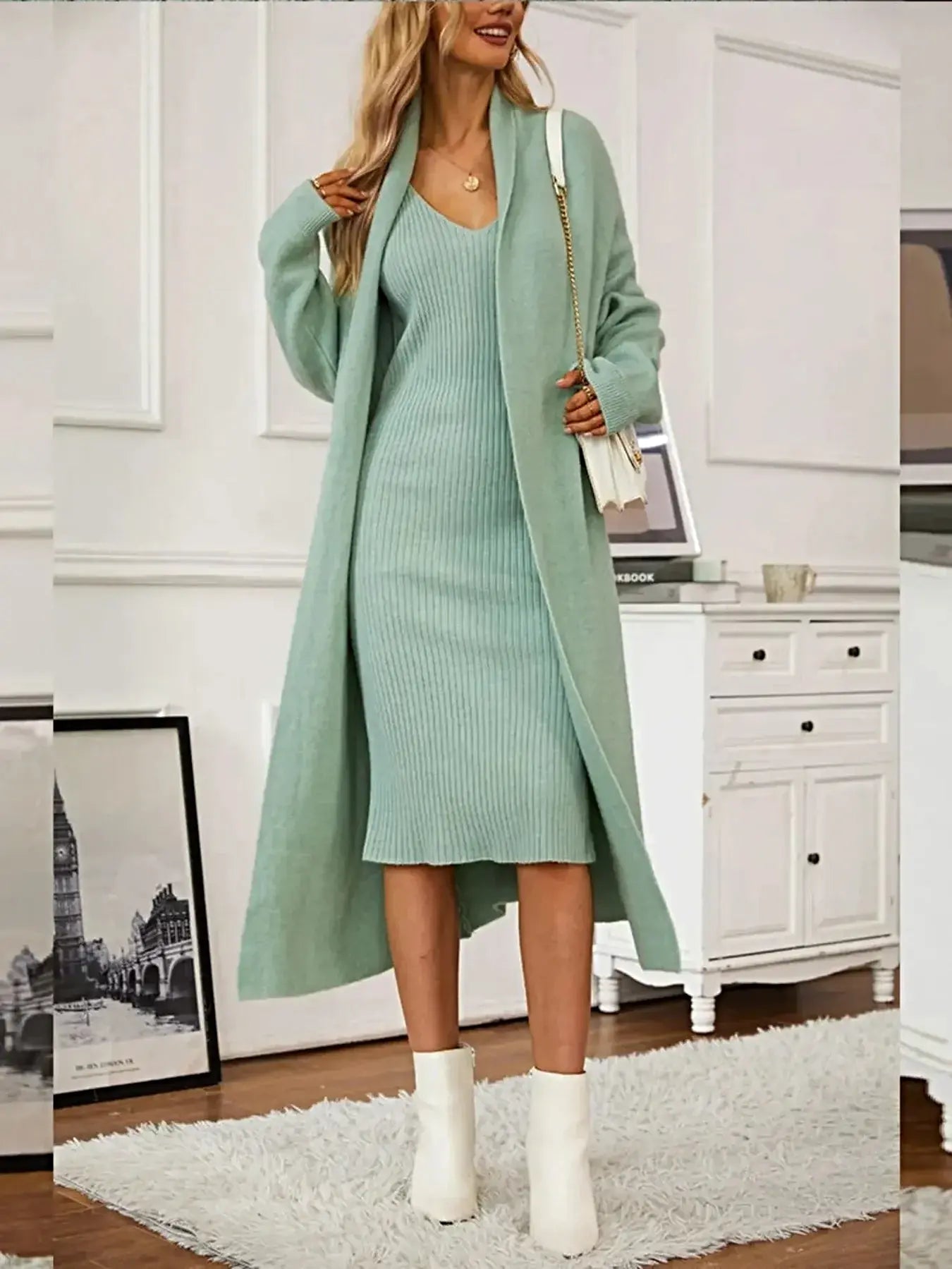 V-Neck Cami Dress and Open Front Cardigan Sweater Set -