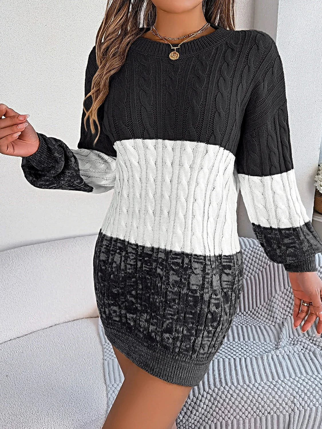 Cable-Knit Round Neck Color Block Sweater Dress -