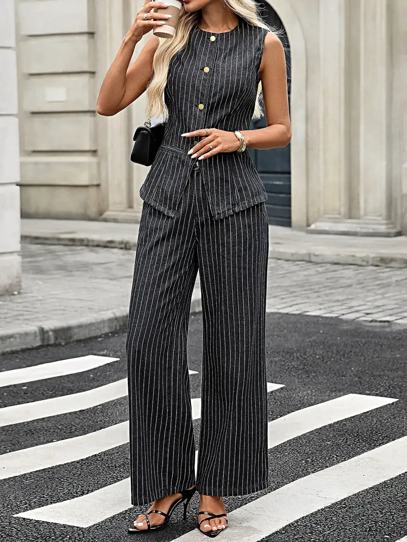 Striped Button Down Tank and Pants Denim Set -