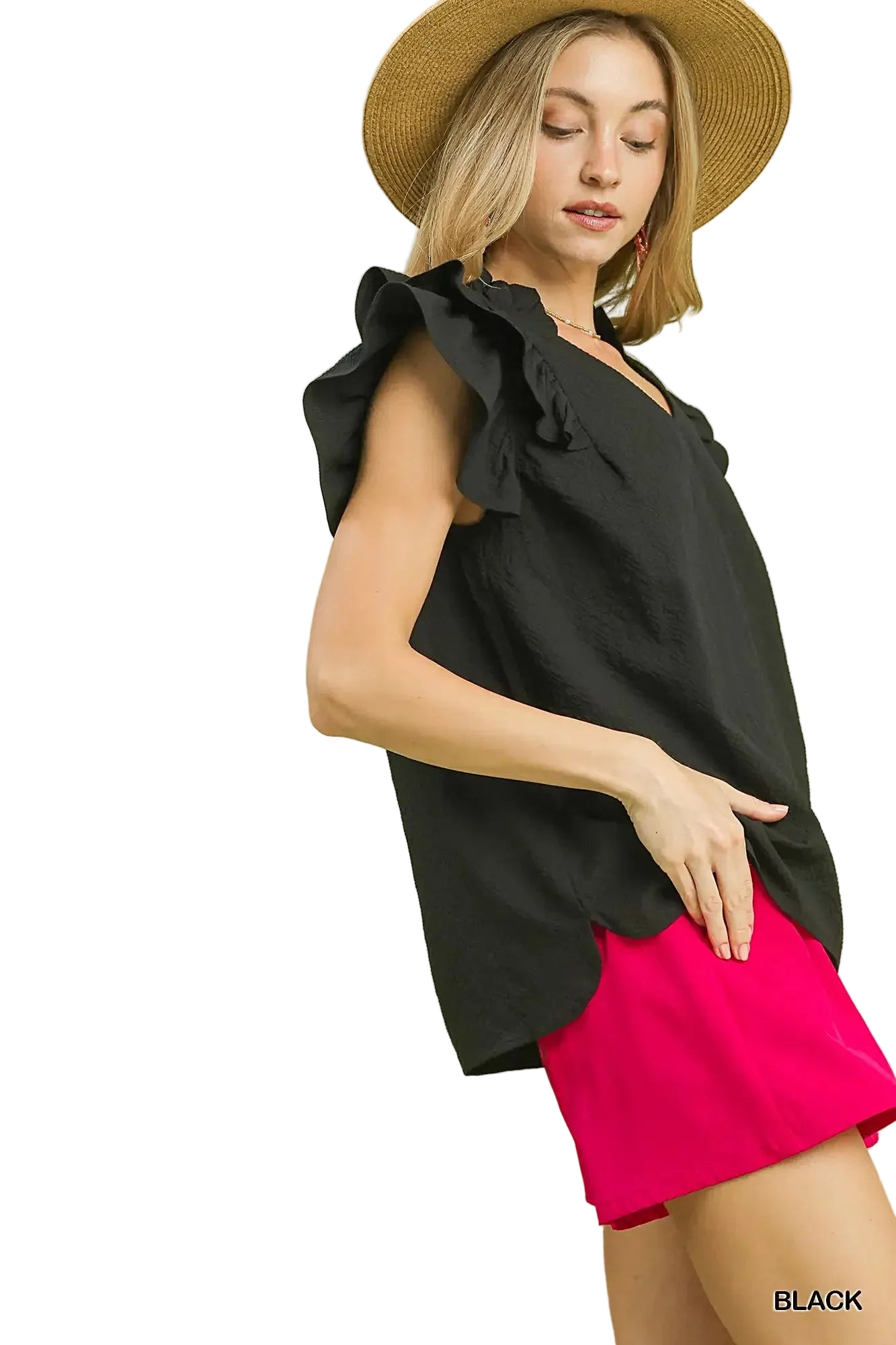 Umgee Textured Ruffle Sleeve V-Neck Blouse -