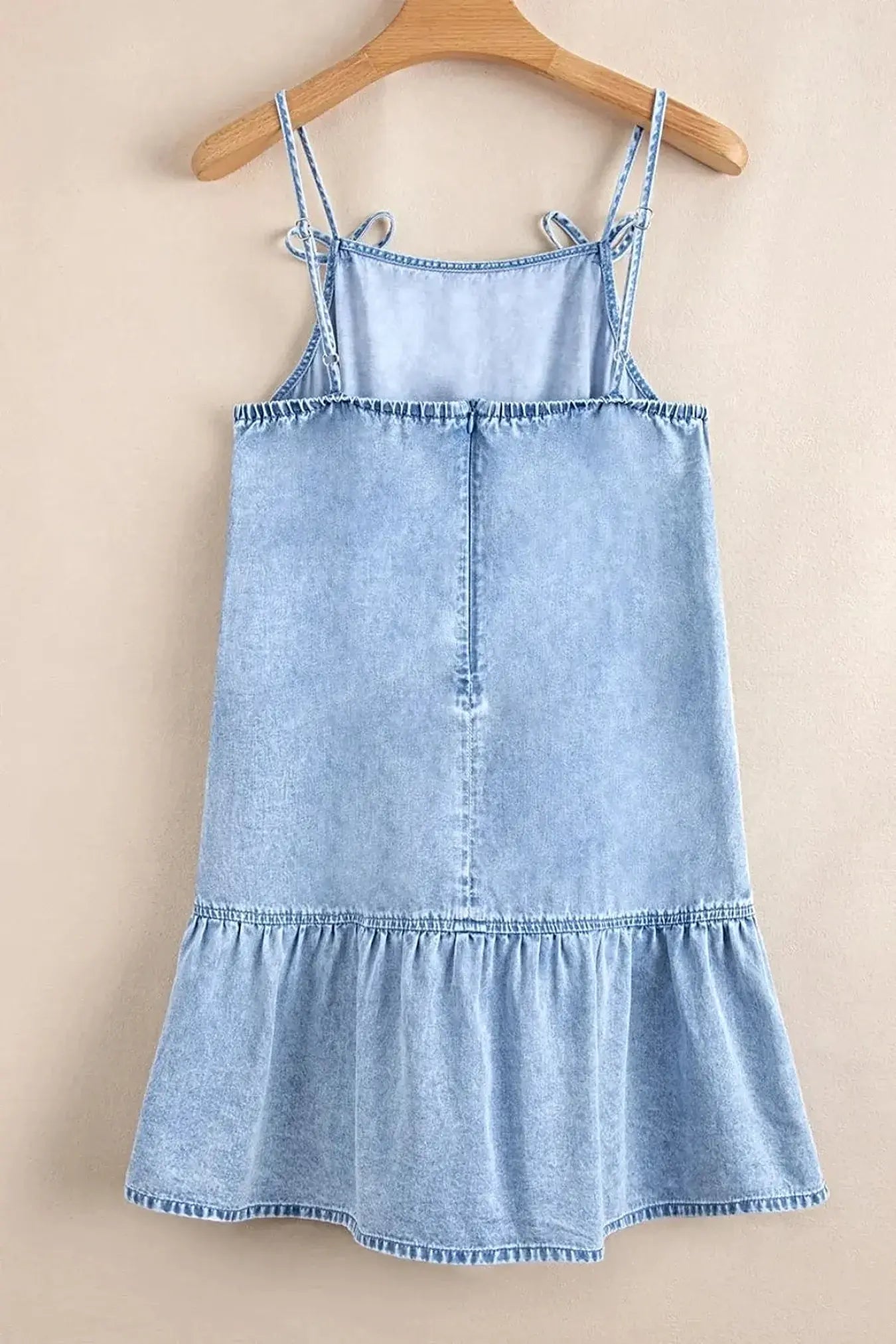 Bow Detail Spaghetti Straps Ruffle Hem Denim Dress -