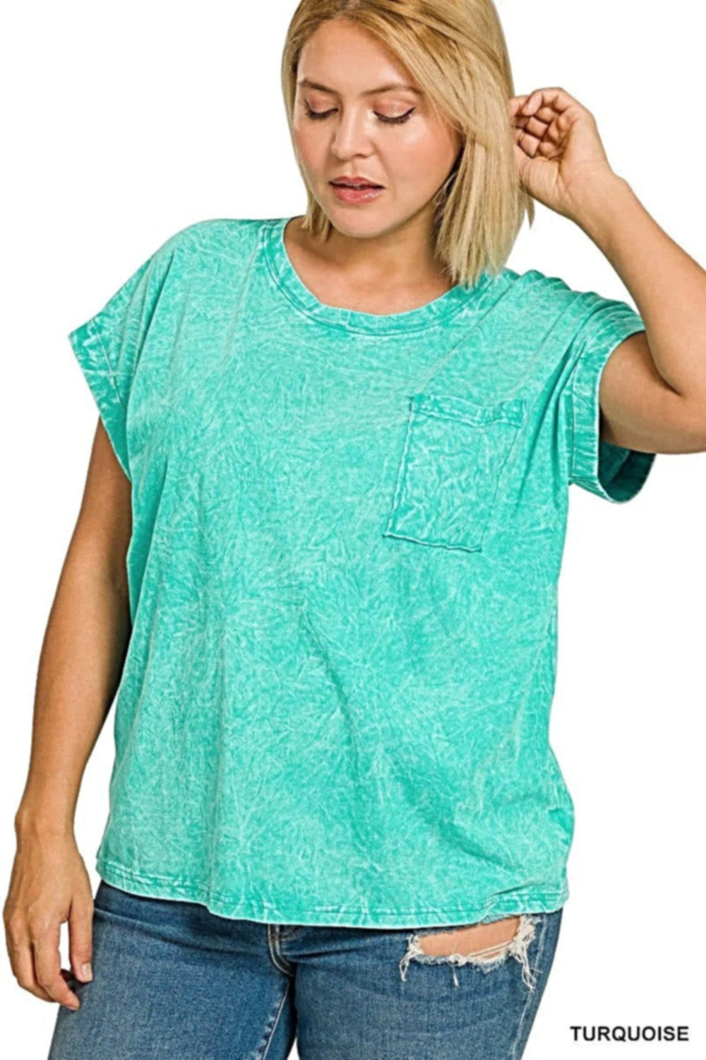 Zenana Full Size Crinkle Washed Round Neck Folded Short Sleeve Tee Plus Size -