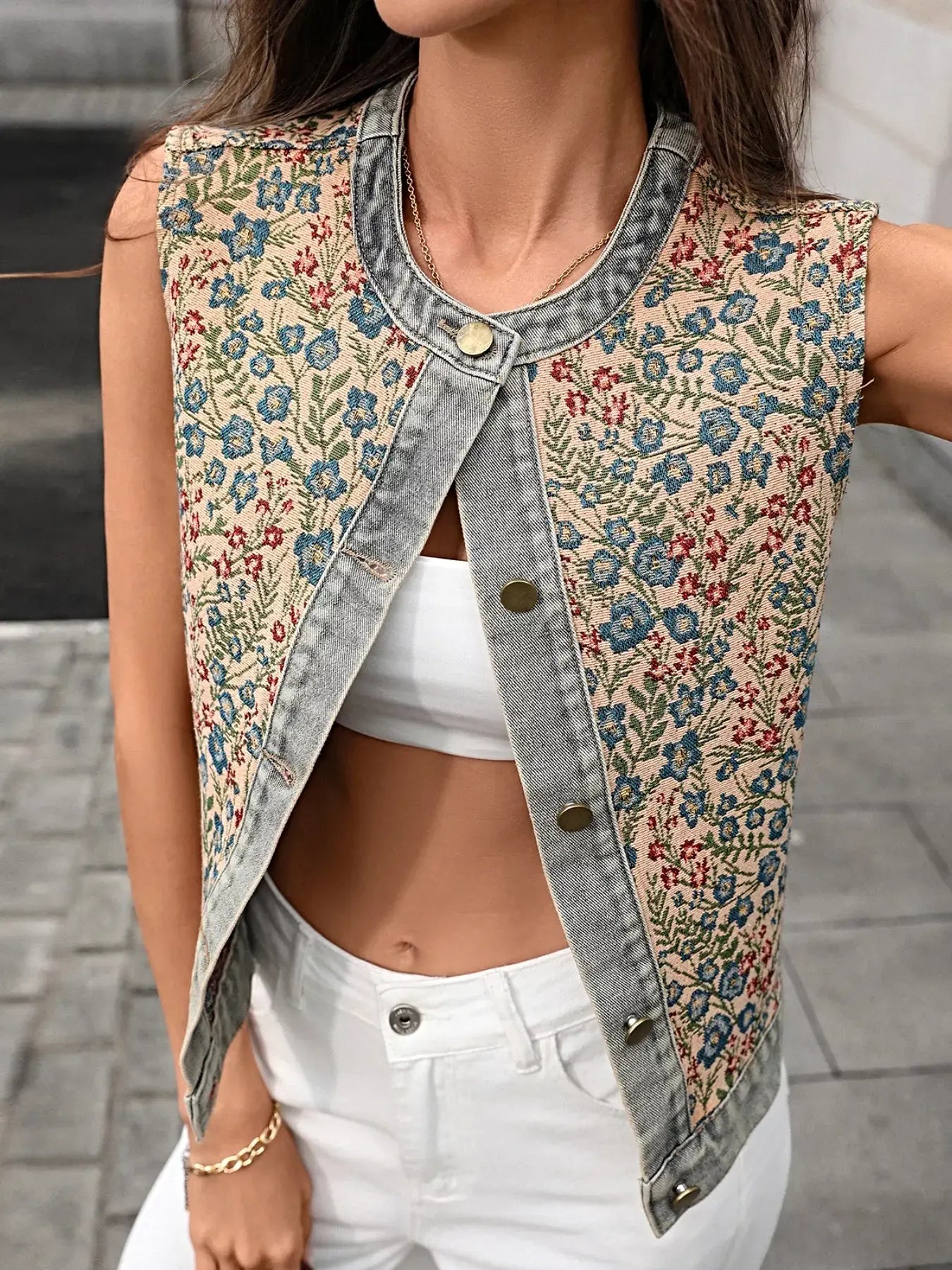 Floral Embroidered Denim Vest Top -