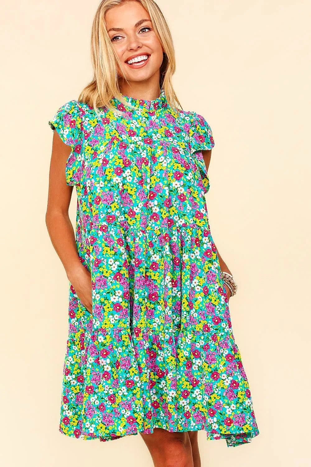 Haptics Frilled Mock Neck Ditsy Floral Dress -