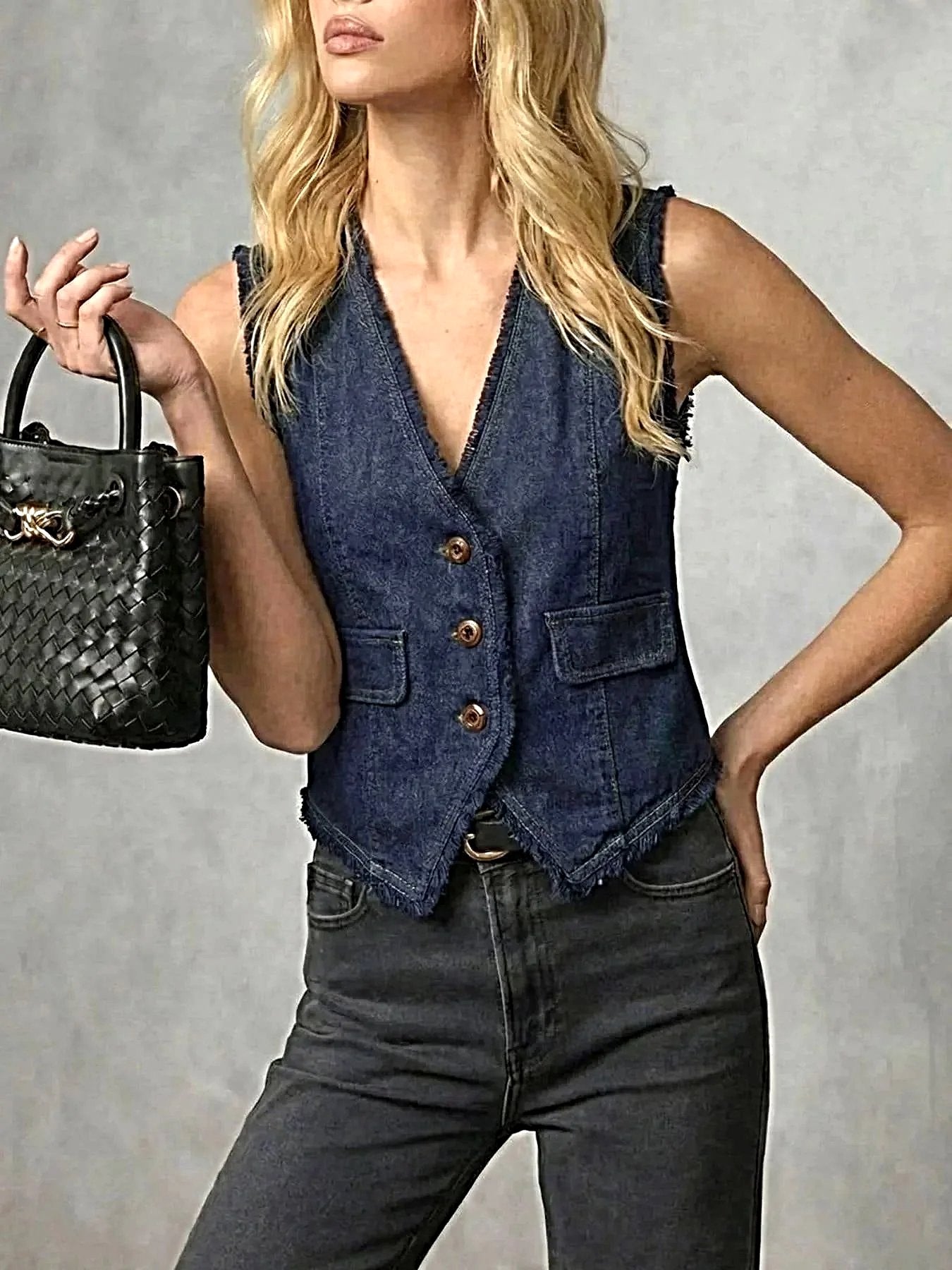 Frayed Hem Denim Vest -